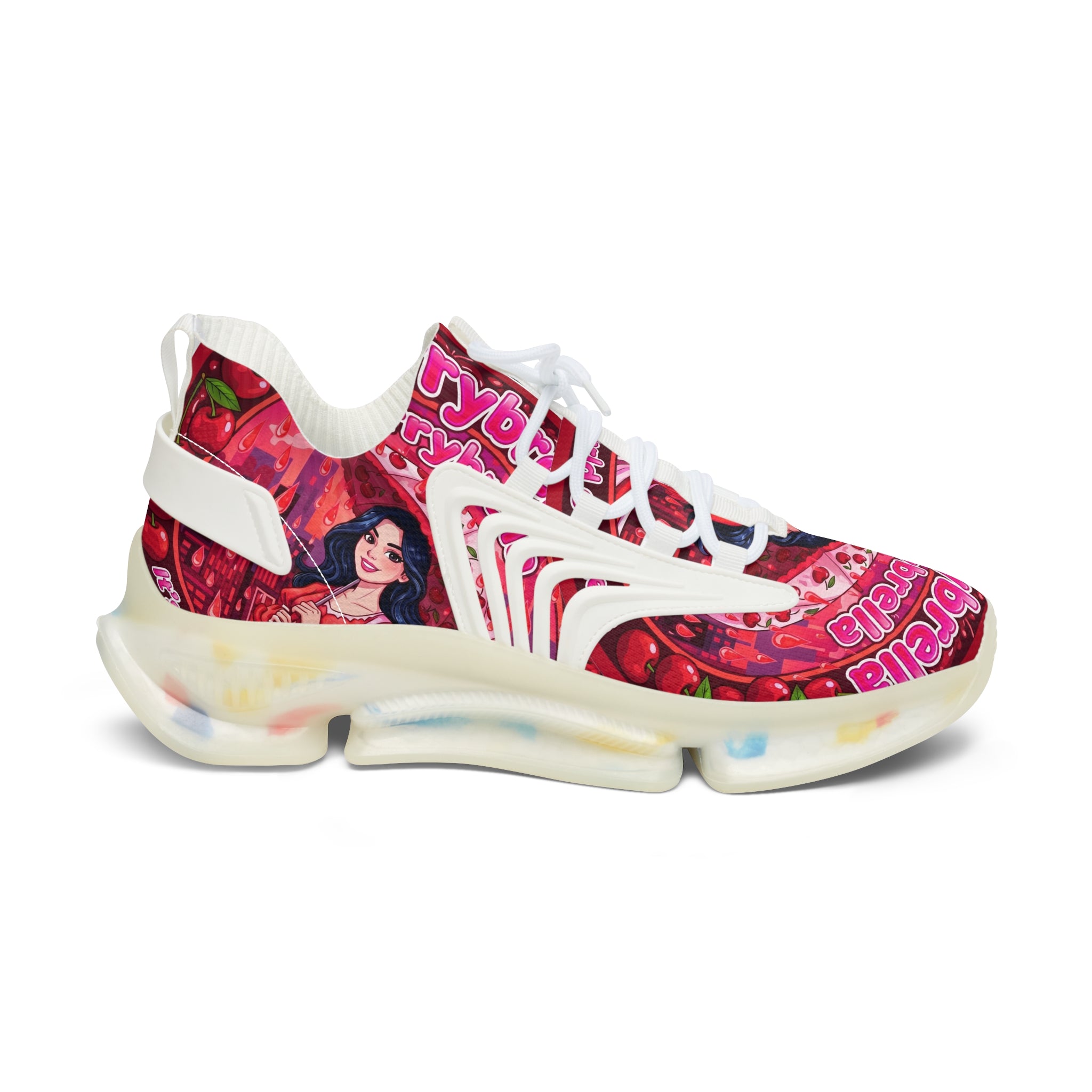 Women's Pink Retro Graphic Mesh Sneakers — 'CherryBella" Pattern