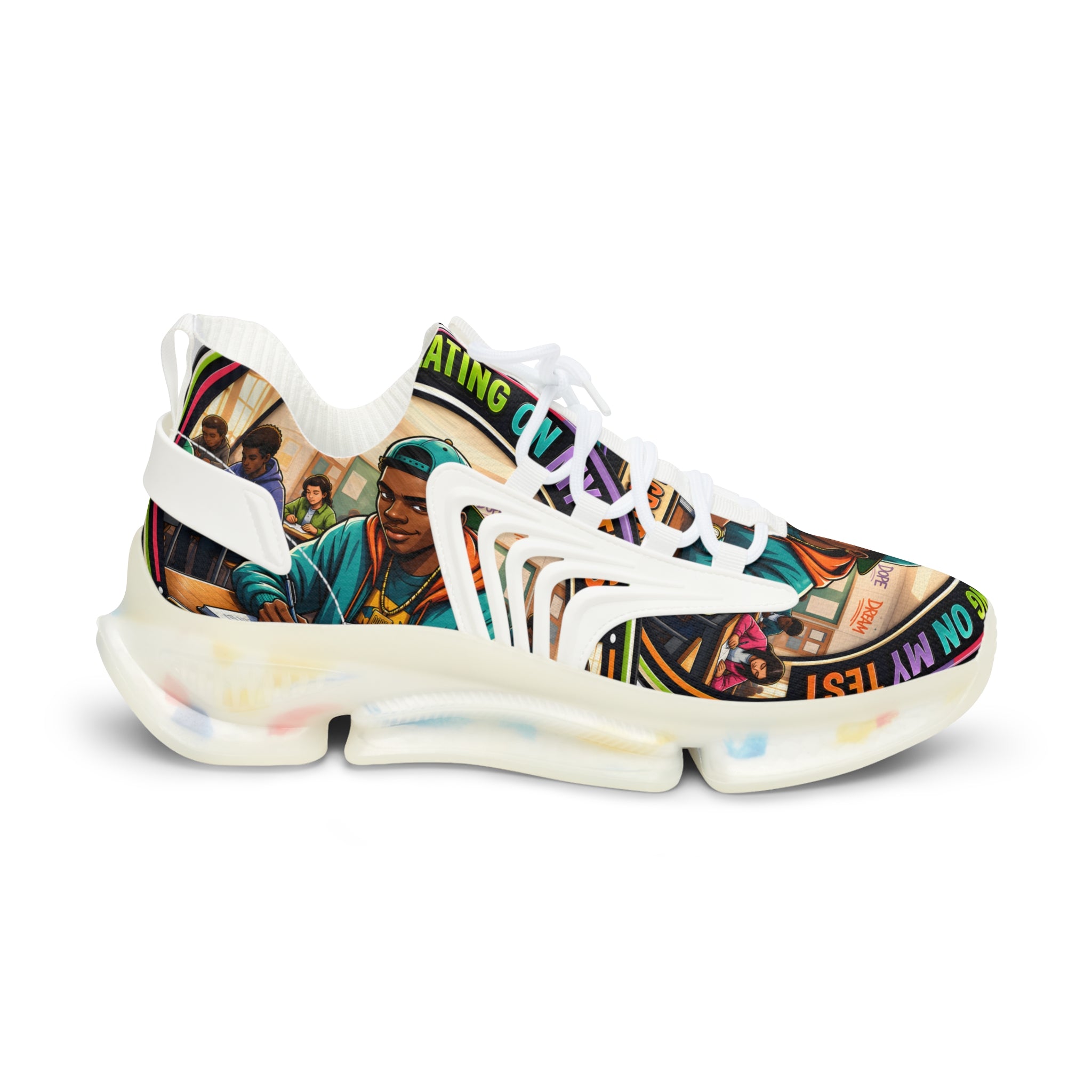 Men's Mesh Sneakers — Colorful Urban Art Graphic Trainers with 'Im Cheating On My Test' Design