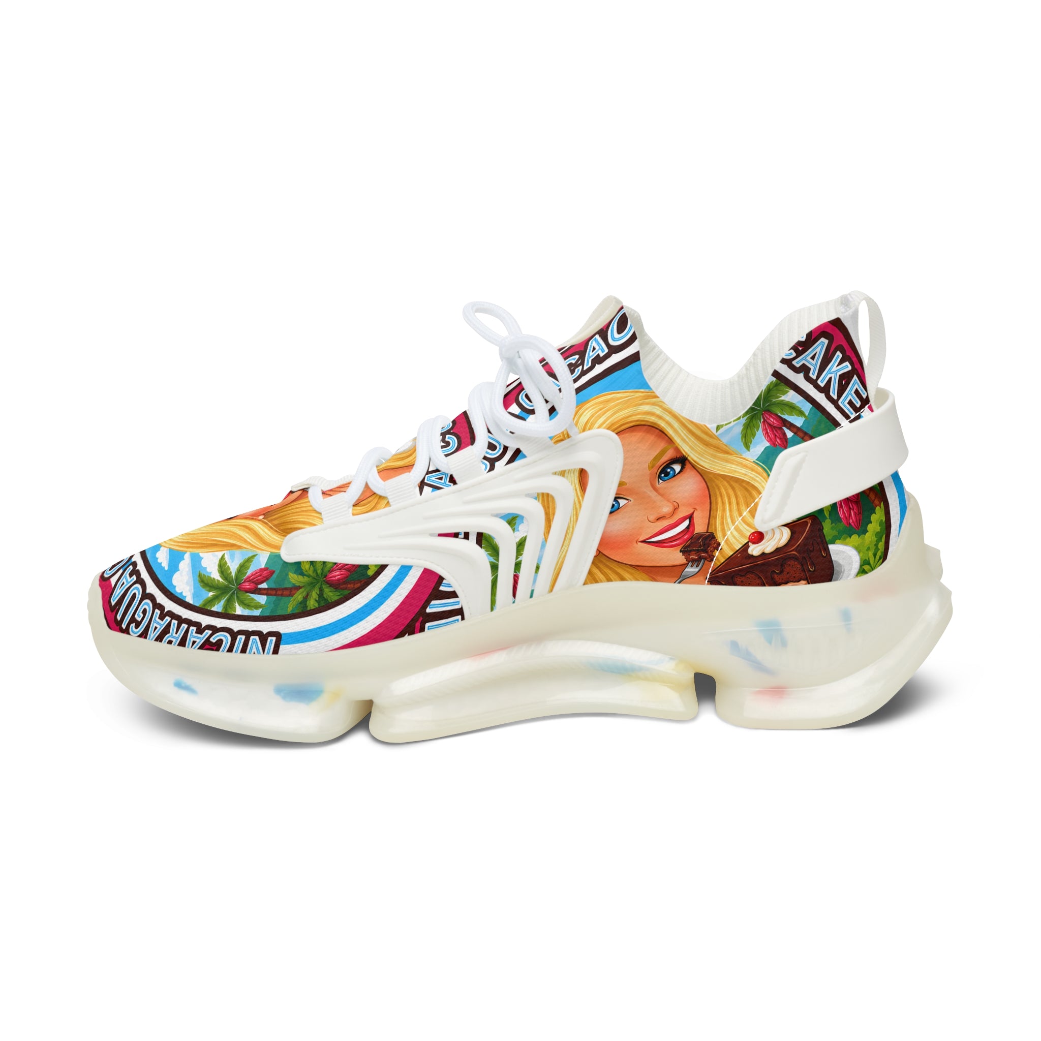 Women's Mesh Sneakers —"  Nicaragua Cacao Shortcake "Colorful Retro Barbie-Inspired Graphic Trainers