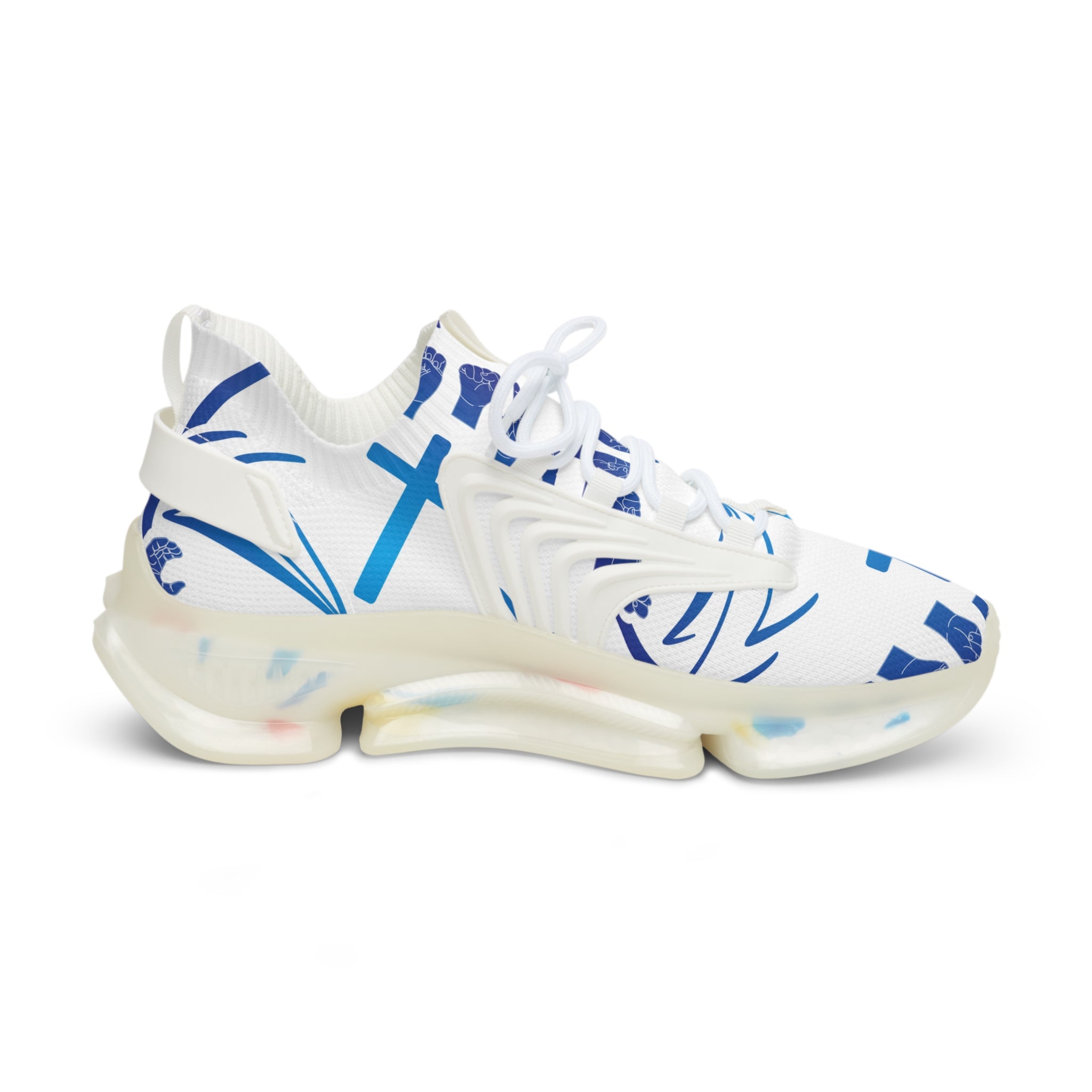 Men's White Athletic Sneakers with Blue Cross Graphic —"Sign Language Jesus Christ "Lightweight Mesh Running Shoes