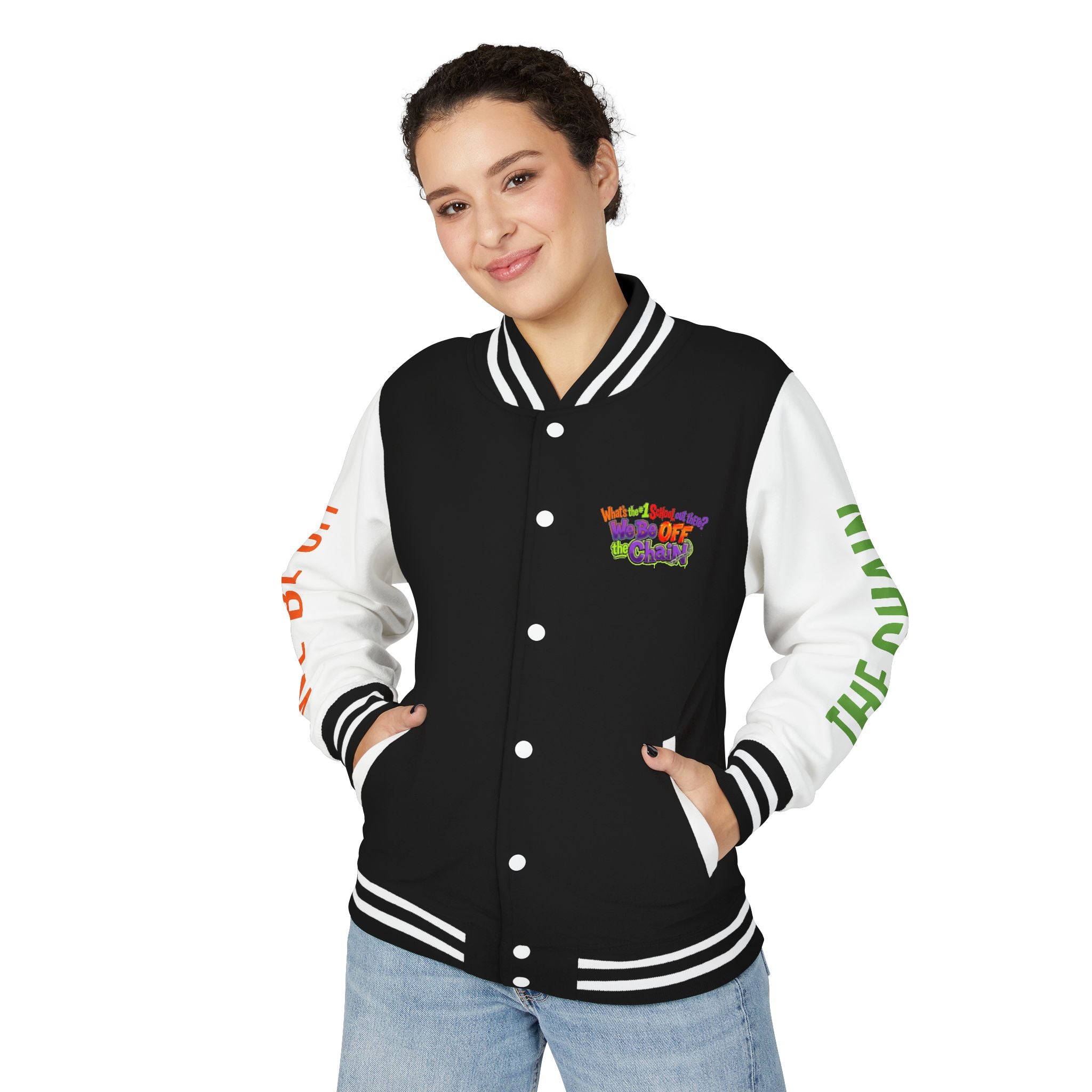Retro Colorblock Letterman Jacket — 'We Be Off The Chain' Sleeve Print