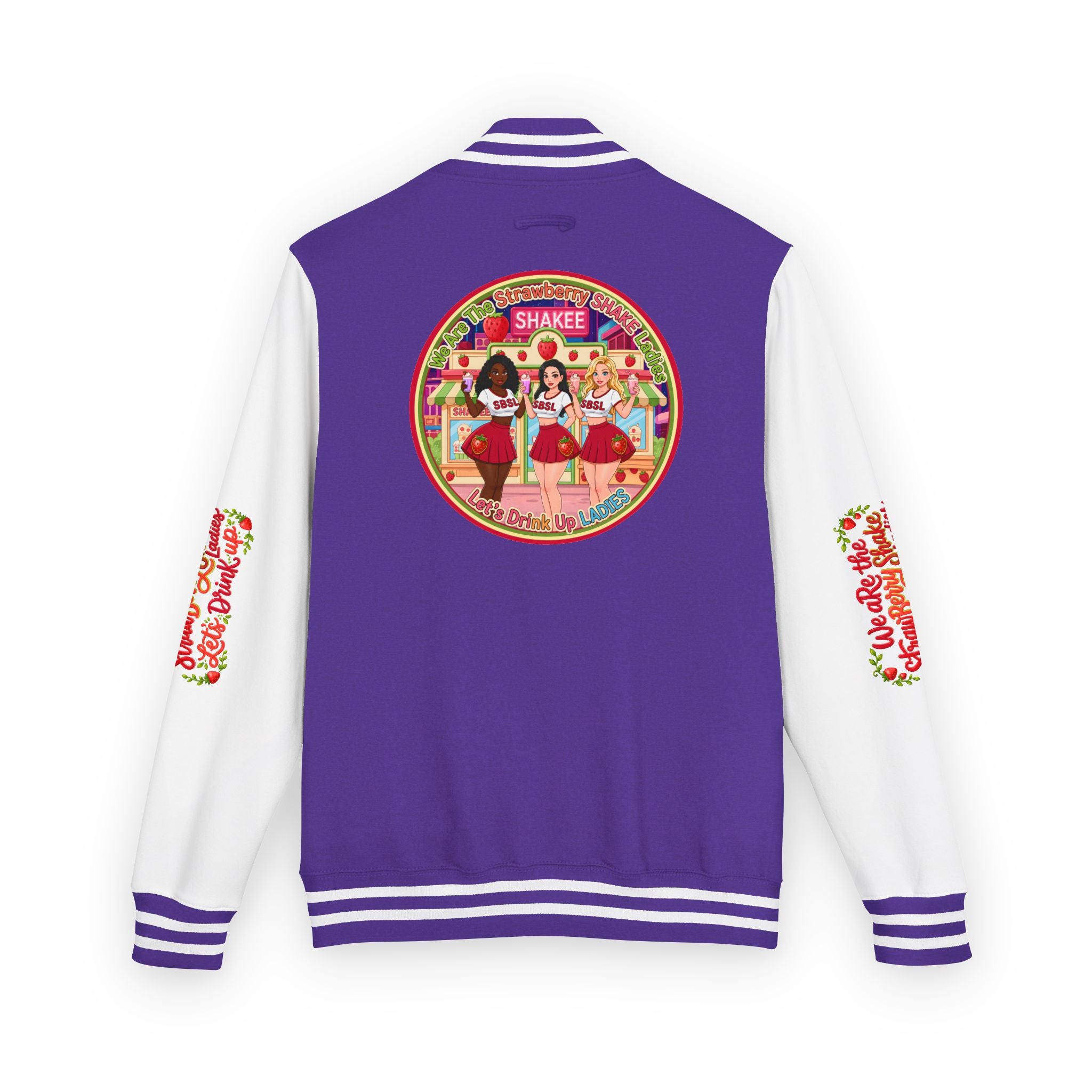 Letterman Jacket — " We Are The Strawberry Shake Ladies " Retro 'Shakee' Strawberry Girls Varsity Jacket