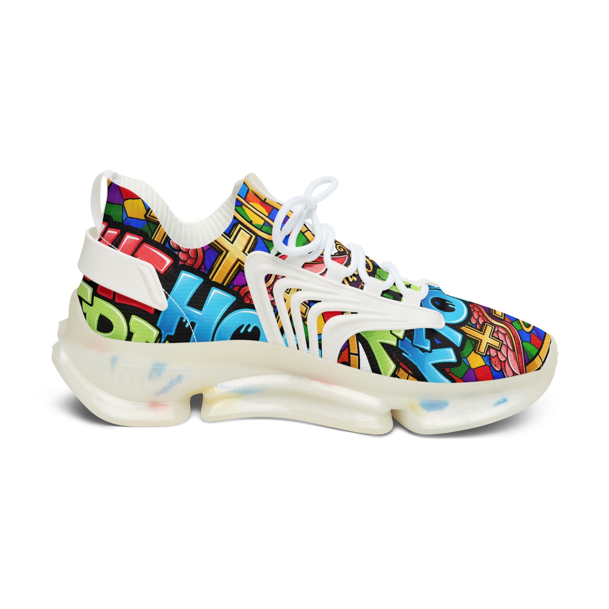 Men's Mesh Sneakers — " Holy Trinity "Colorful Graffiti Cross Design Athletic Shoes