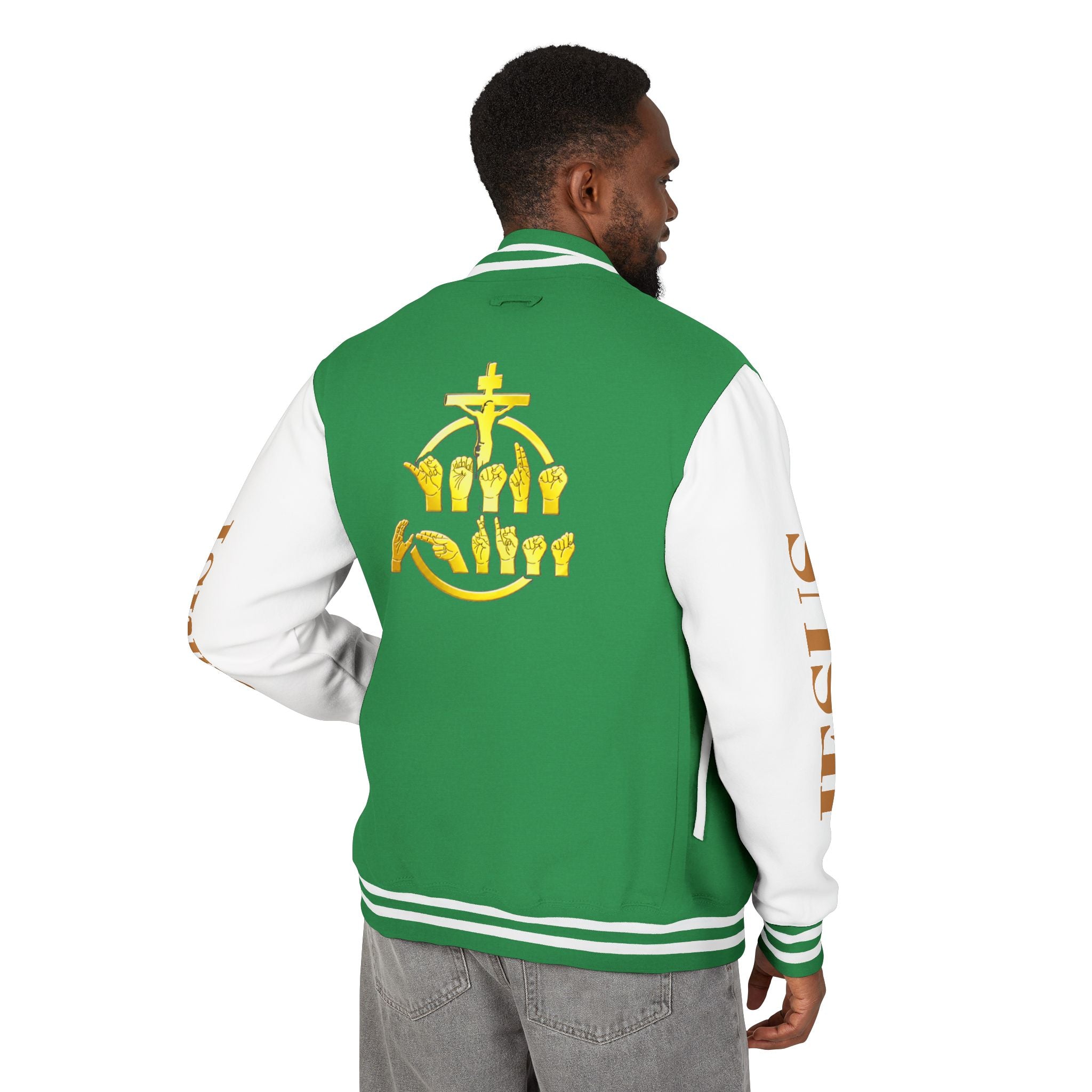 "Sign language Jesus Christ "     Christian Crown Letterman Jacket - 'Jesus Christ' Sleeve Varsity Jacket