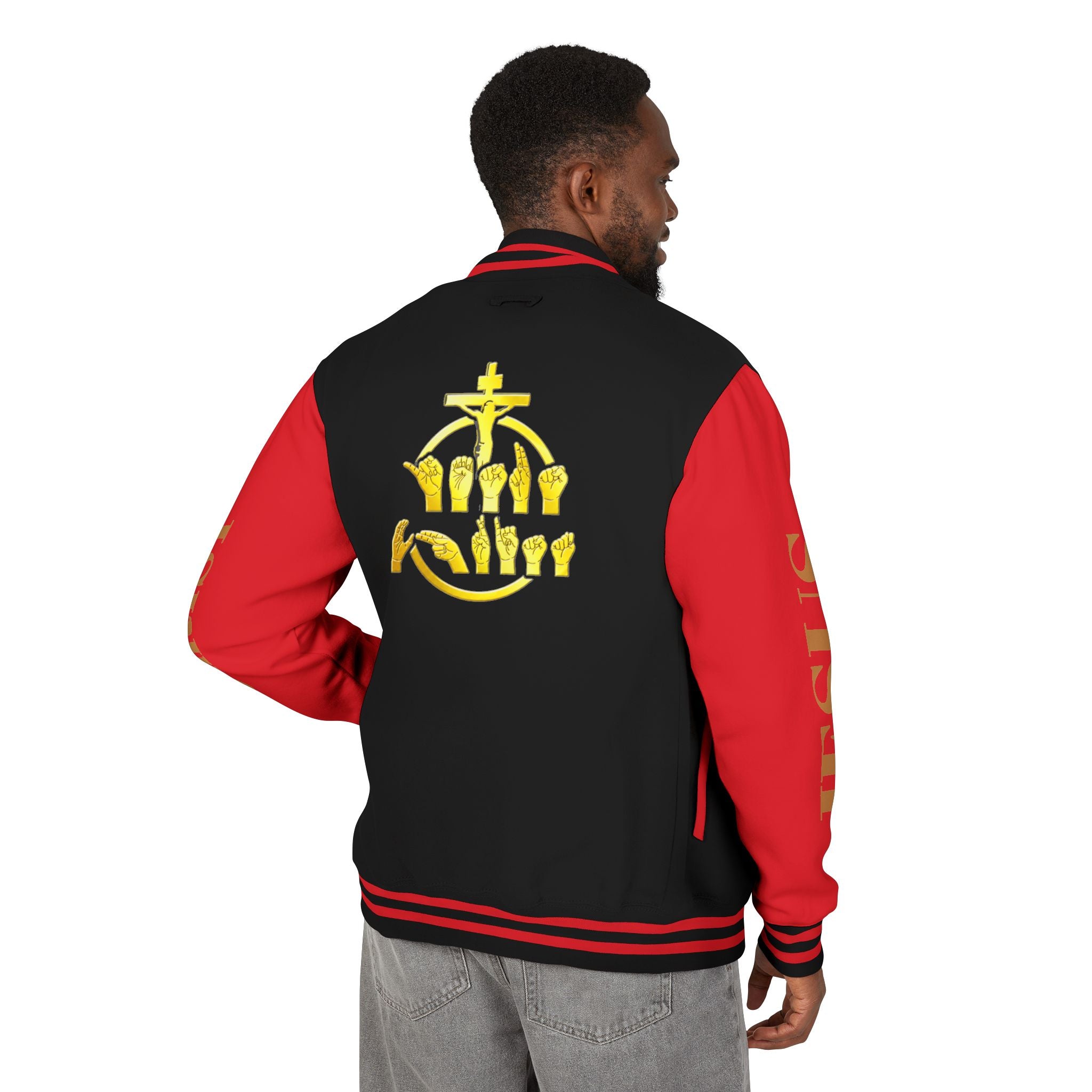 "Sign language Jesus Christ "     Christian Crown Letterman Jacket - 'Jesus Christ' Sleeve Varsity Jacket