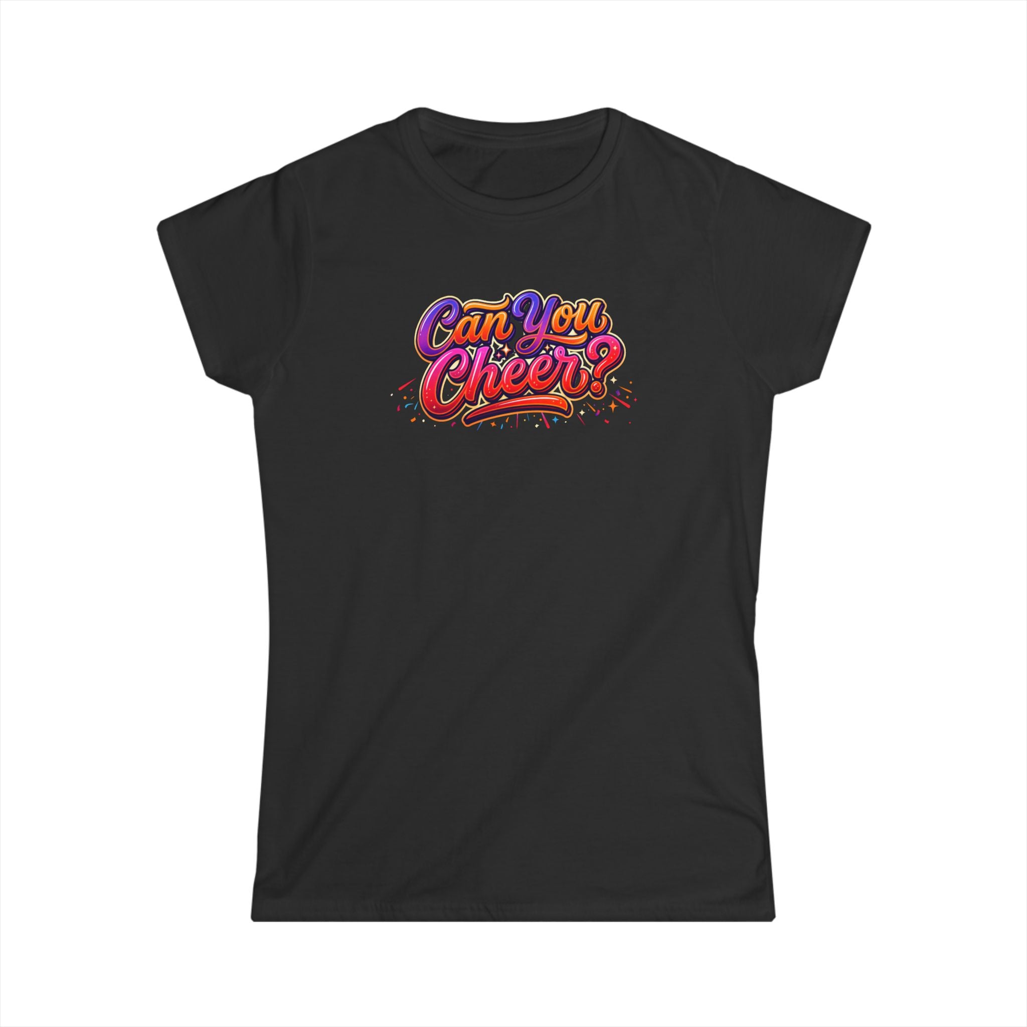 Women's Tee — "Can You Cheer" Colorful Retro Script Graphic