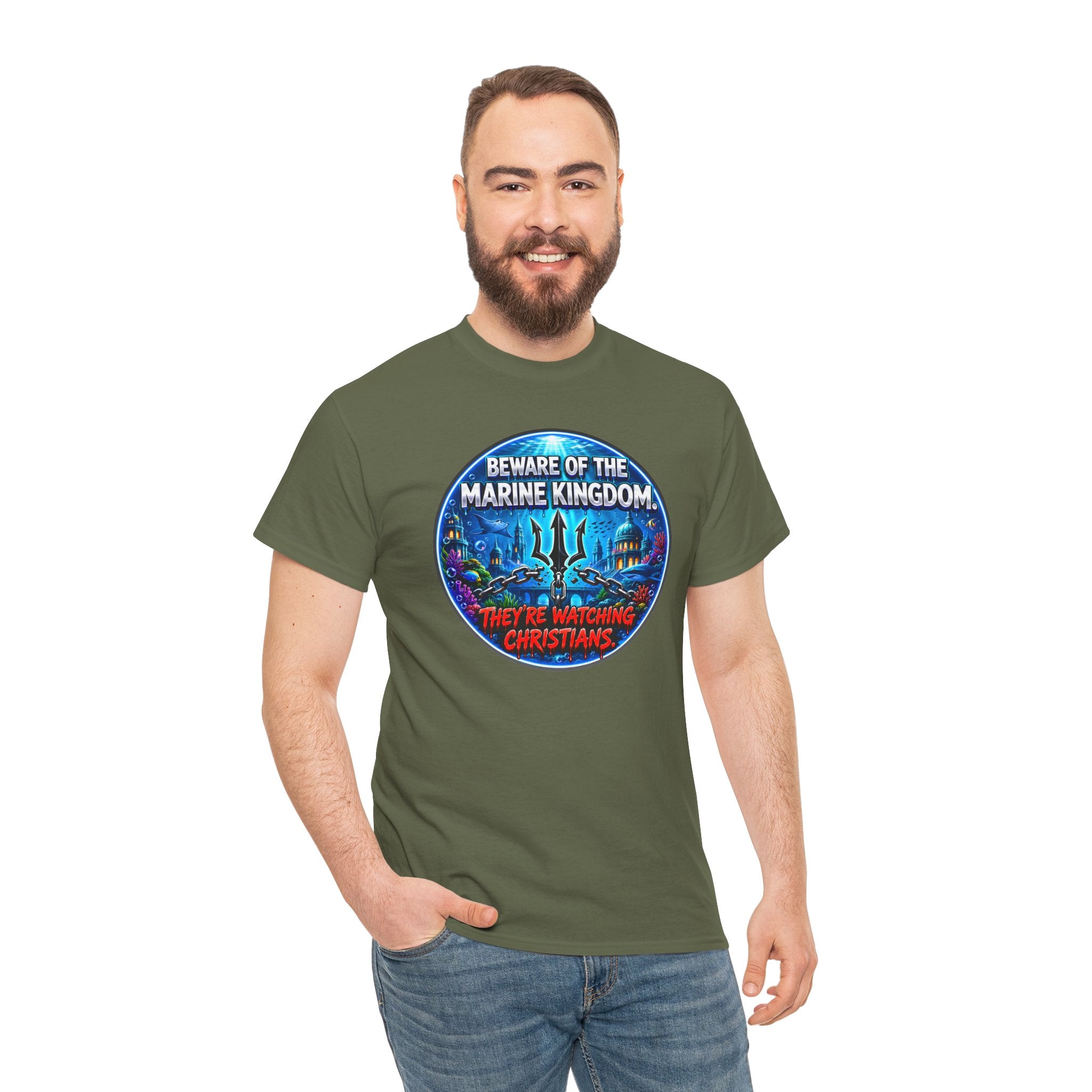 T‑Shirt — "Beware of the Marine Kingdom: They're Watching Christians" Vintage Ocean Graphic