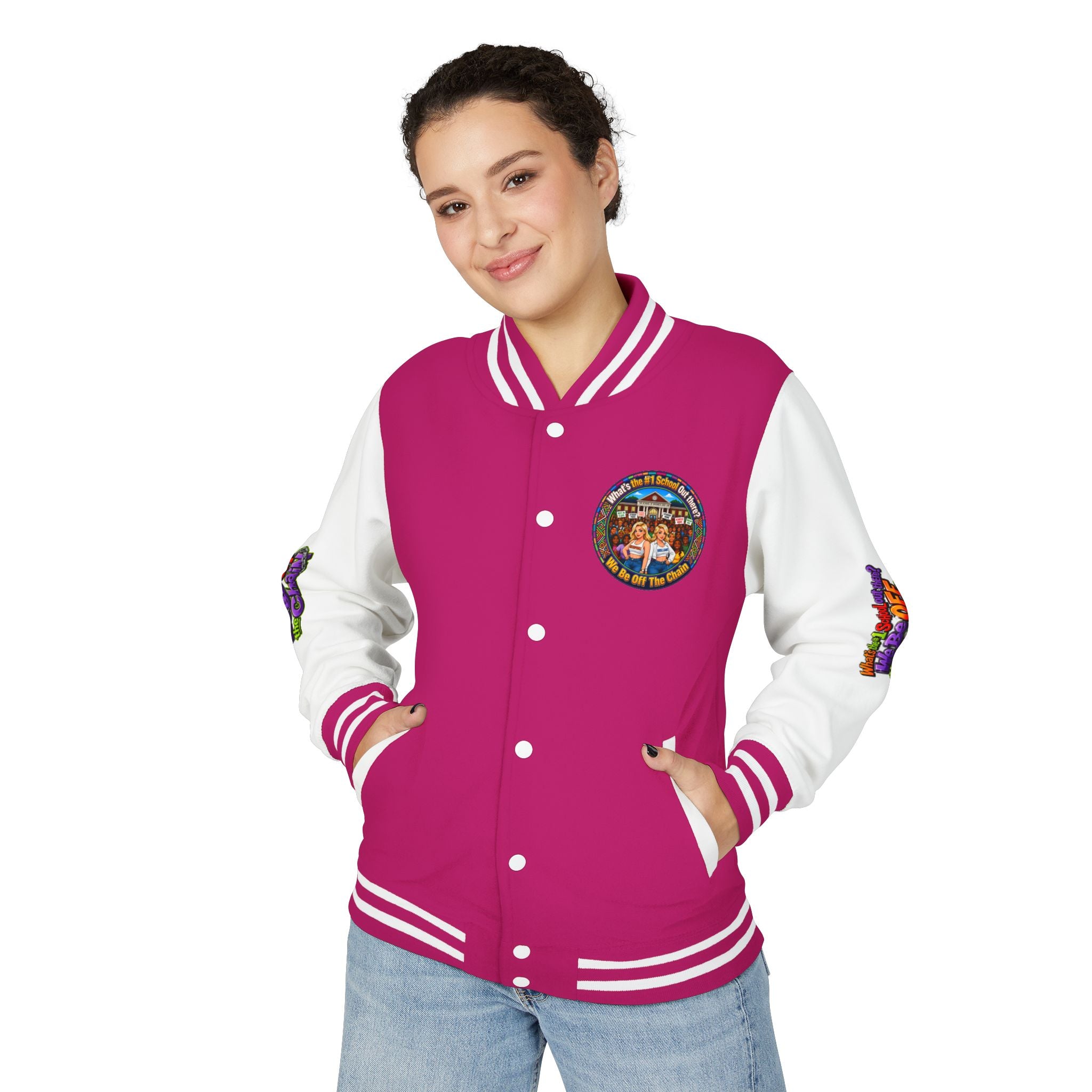 Letterman Jacket — Colorful School Spirit "We Be Off The Chain" Varsity Jacket