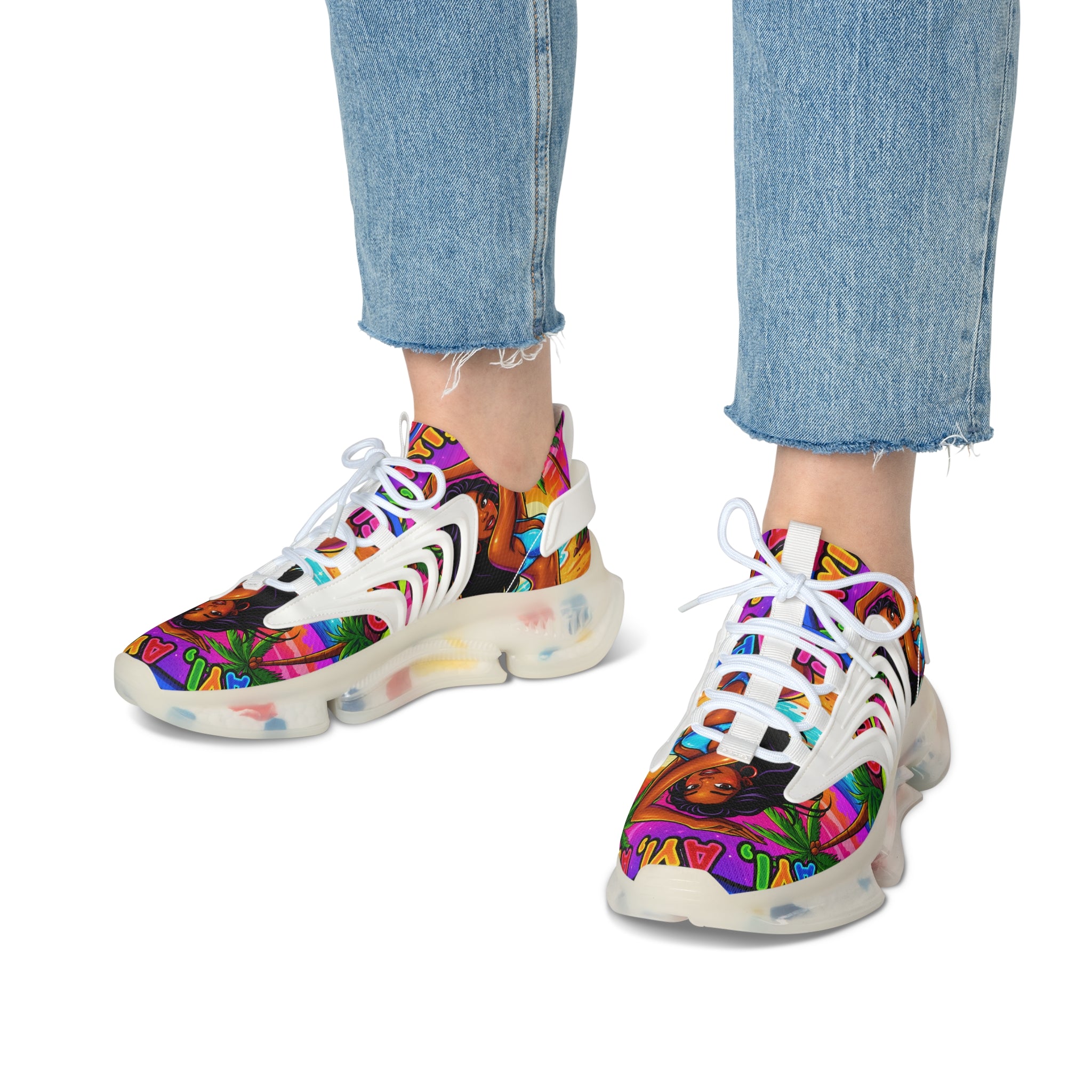 Women’s Mesh Sneakers — Vibrant Tropical ‘Ayi Ayi Ayi!’ Graphic Design