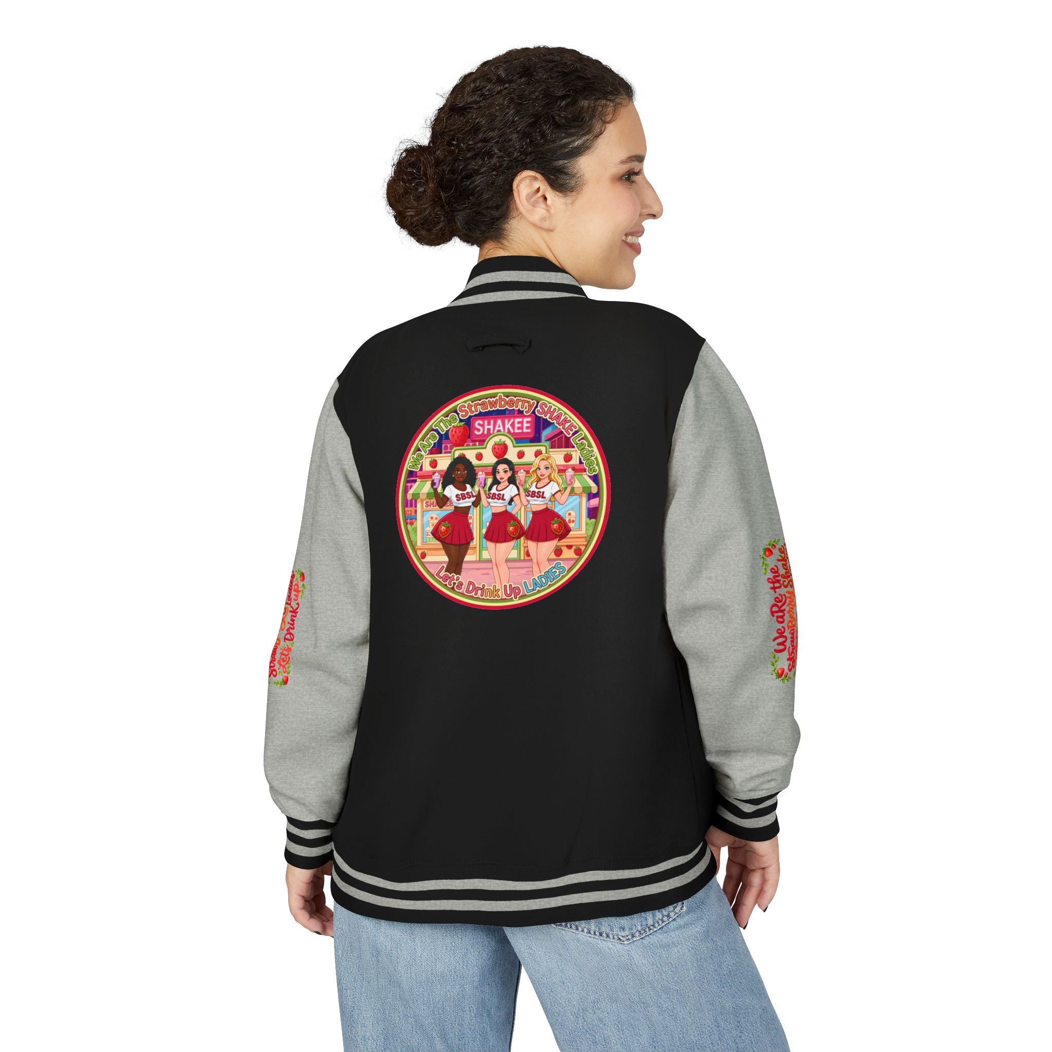 Letterman Jacket — " We Are The Strawberry Shake Ladies " Retro 'Shakee' Strawberry Girls Varsity Jacket
