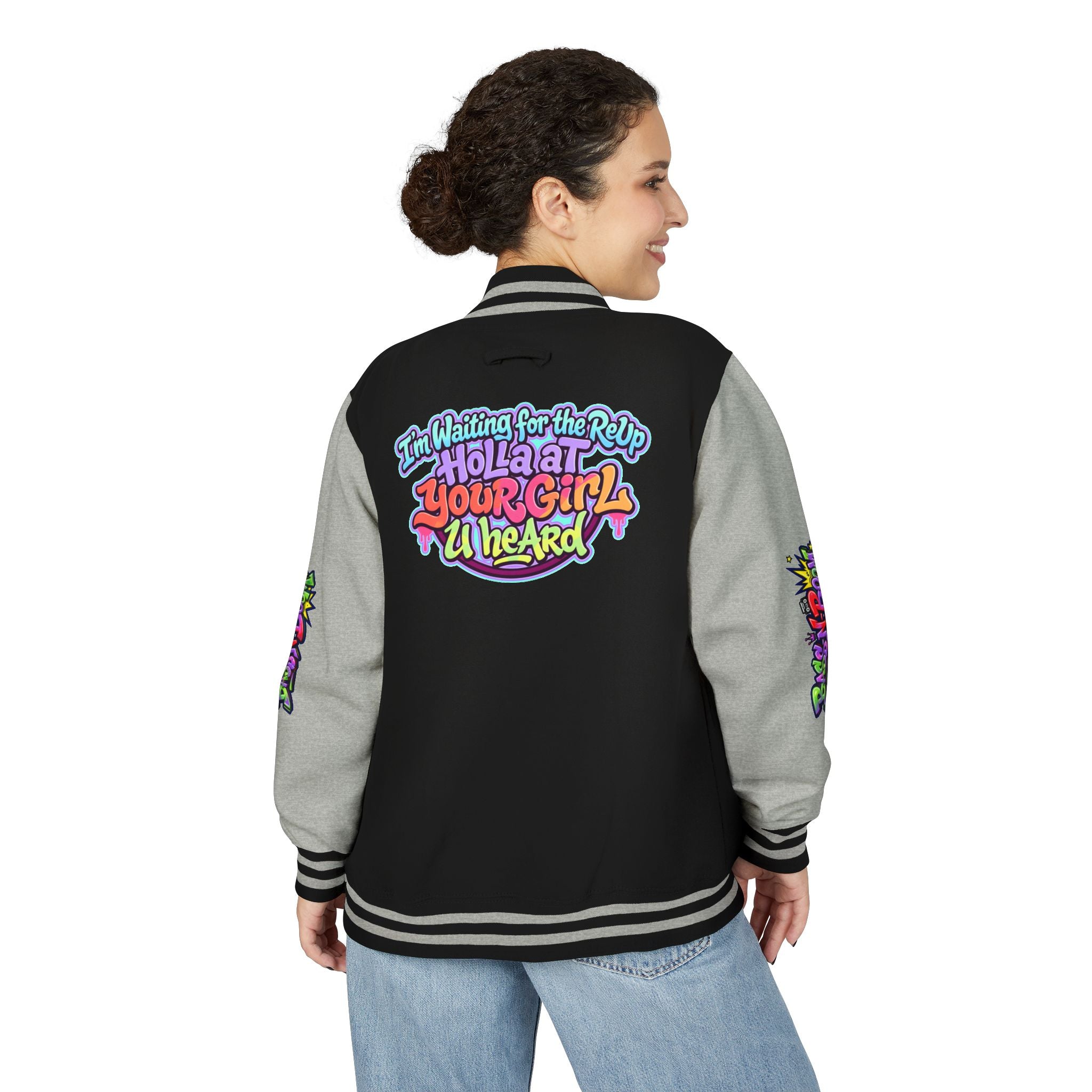 Letterman Jacket — "I'm Waiting For The Reup" Colorful Retro Hip‑Hop Varsity