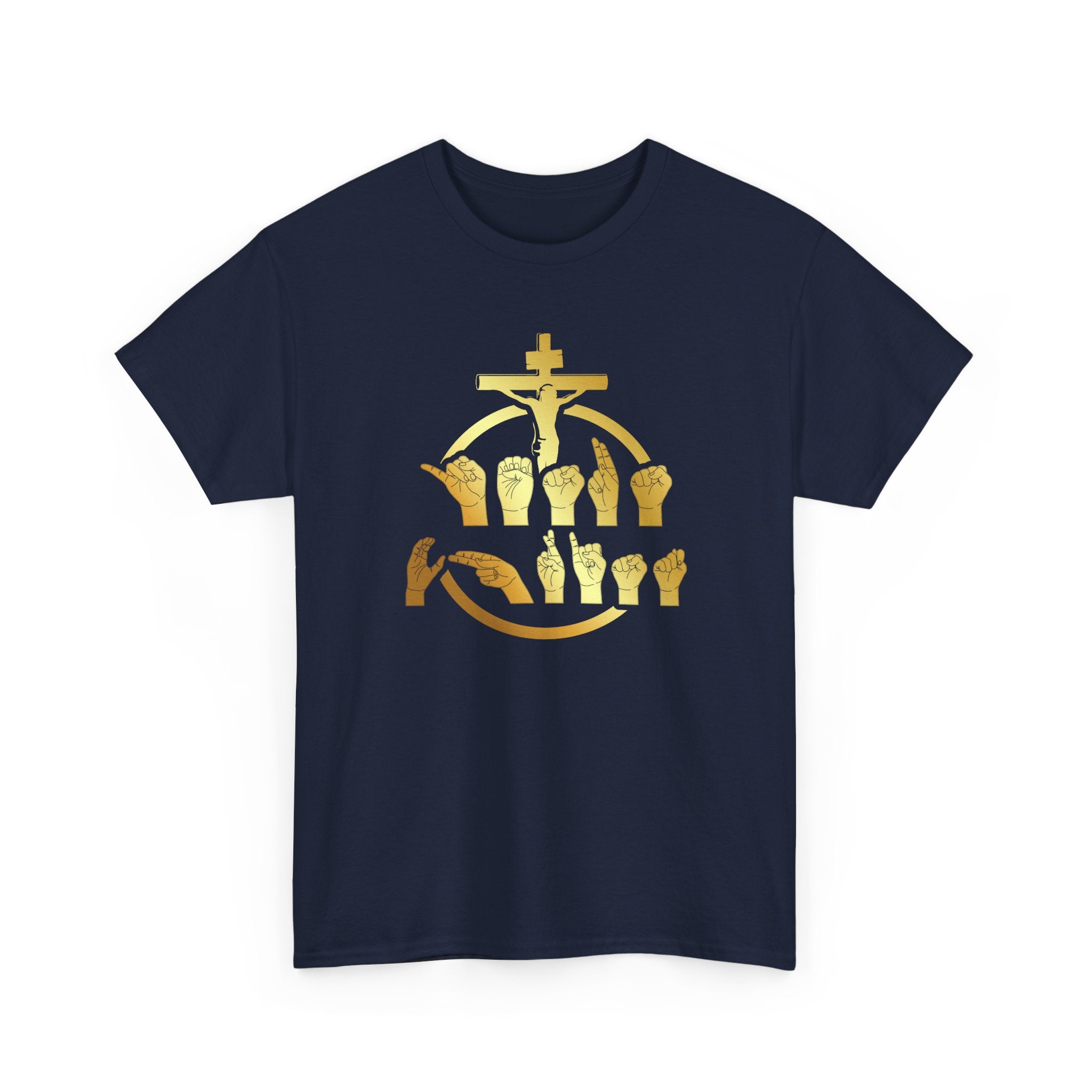 Christian Cross & Praying Hands T-Shirt — Gold Faith Design