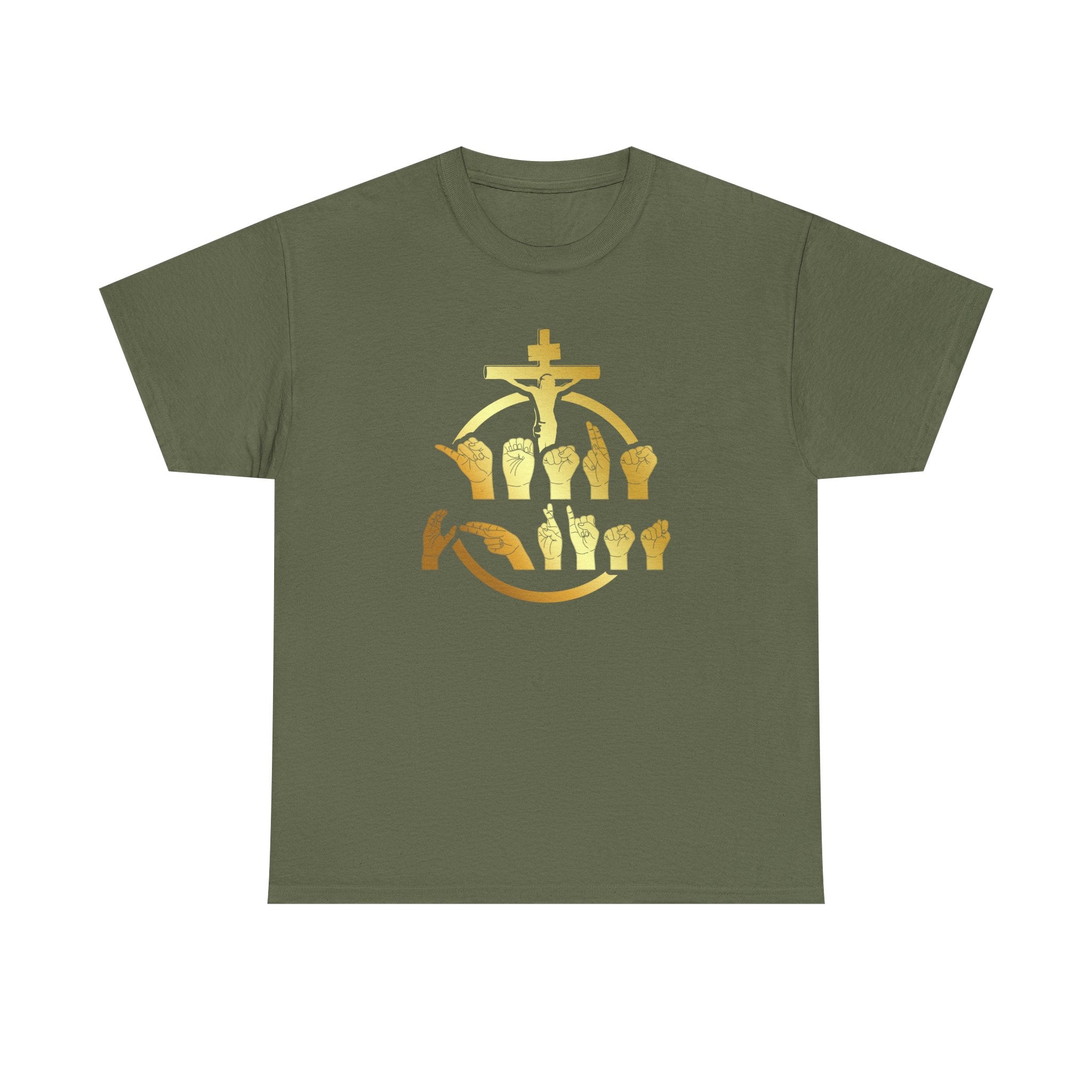 Christian Cross & Praying Hands T-Shirt — Gold Faith Design