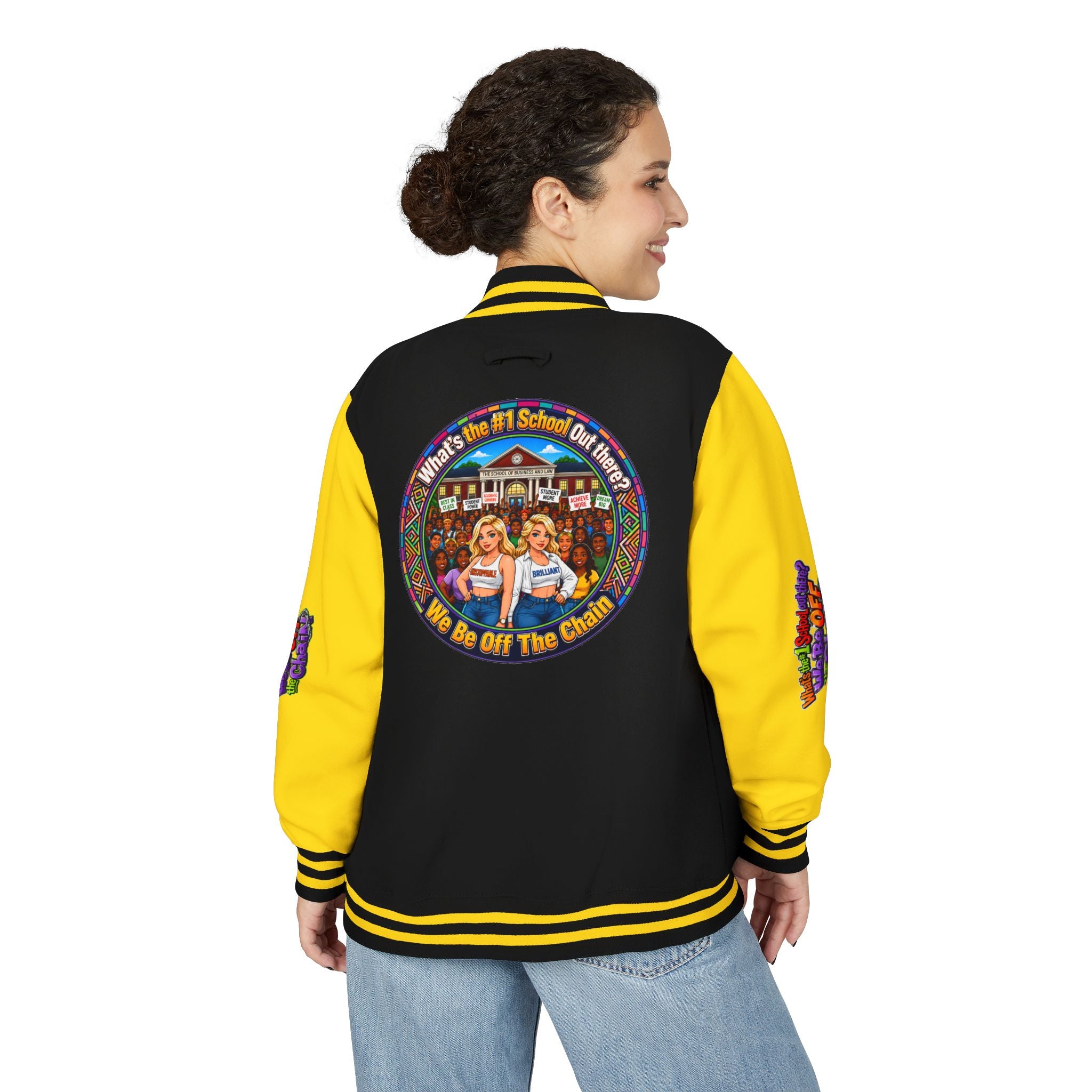 Letterman Jacket — Colorful School Spirit "We Be Off The Chain" Varsity Jacket
