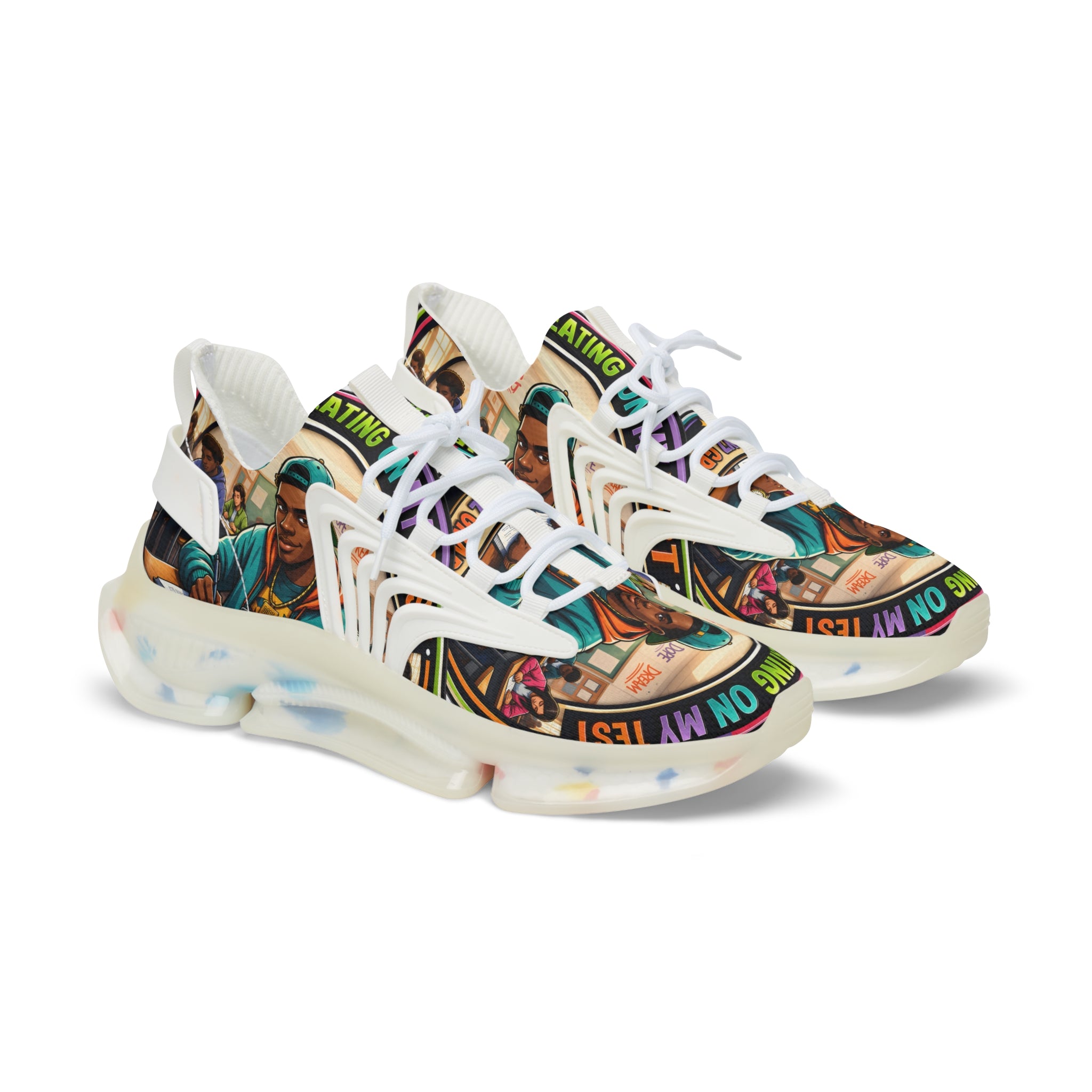 Men's Mesh Sneakers — Colorful Urban Art Graphic Trainers with 'Im Cheating On My Test' Design
