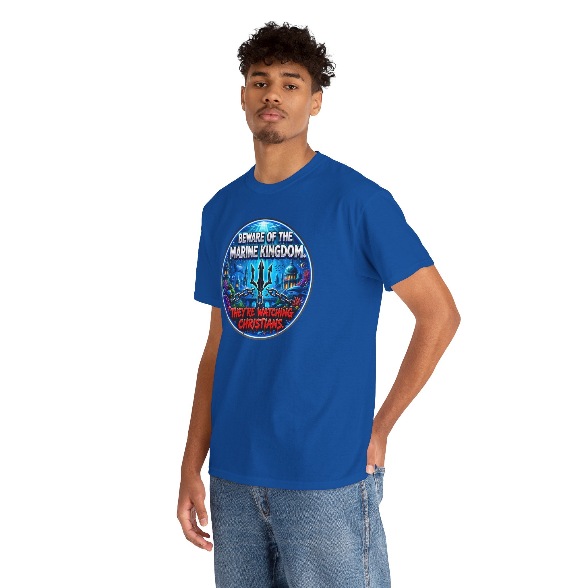 T‑Shirt — "Beware of the Marine Kingdom: They're Watching Christians" Vintage Ocean Graphic