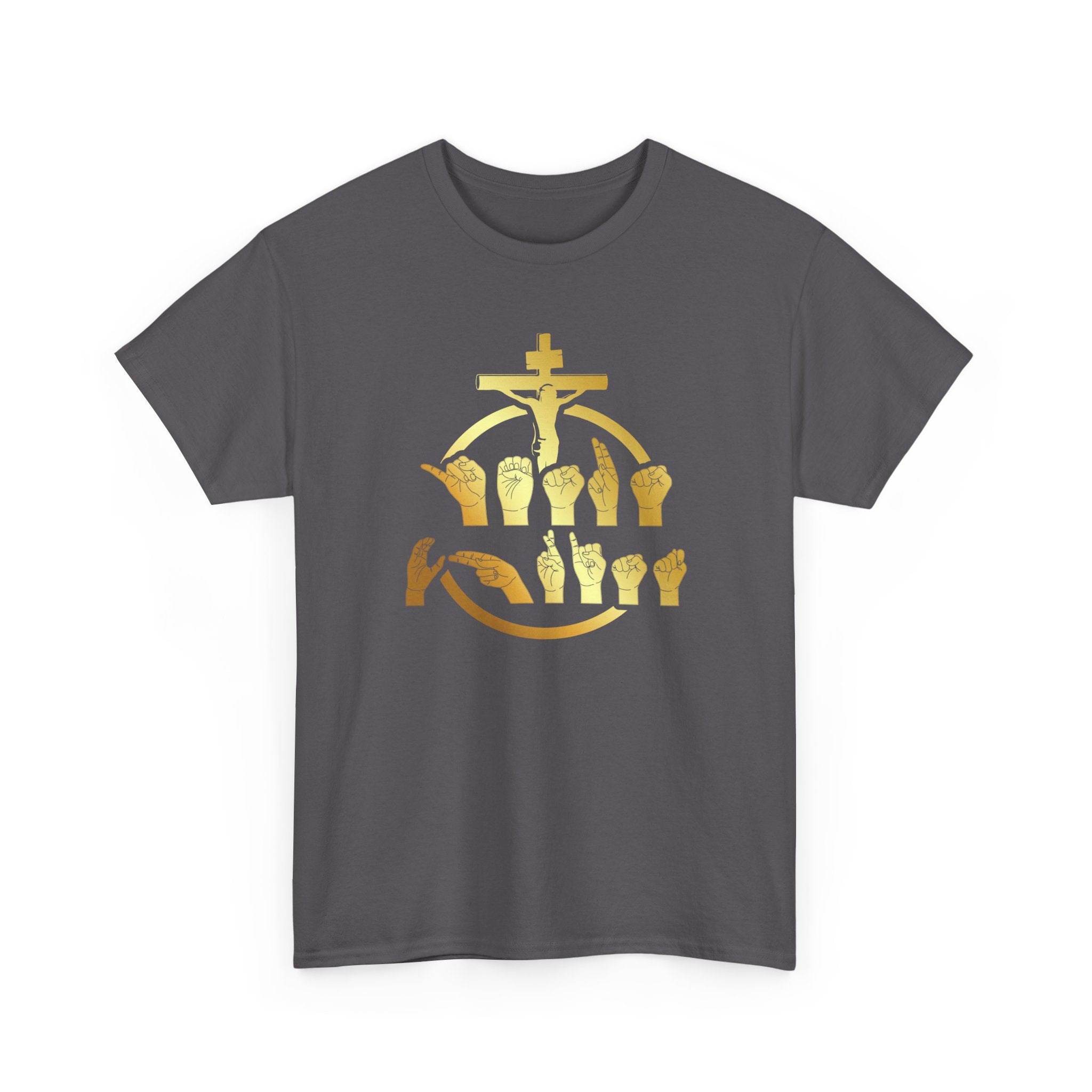 Christian Cross & Praying Hands T-Shirt — Gold Faith Design