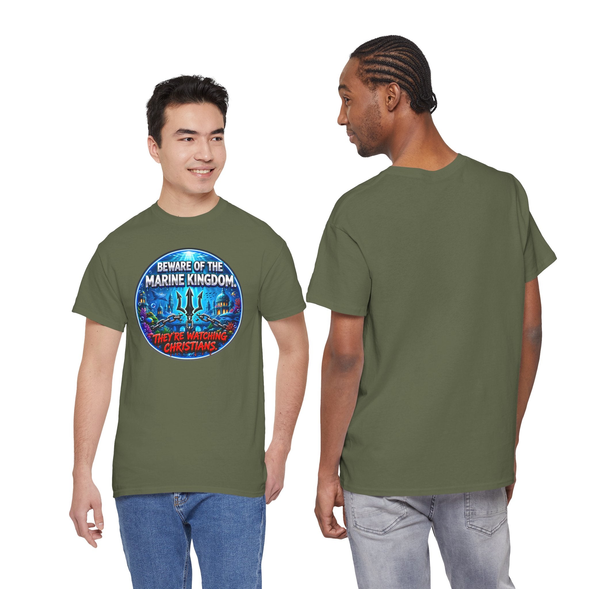 T‑Shirt — "Beware of the Marine Kingdom: They're Watching Christians" Vintage Ocean Graphic
