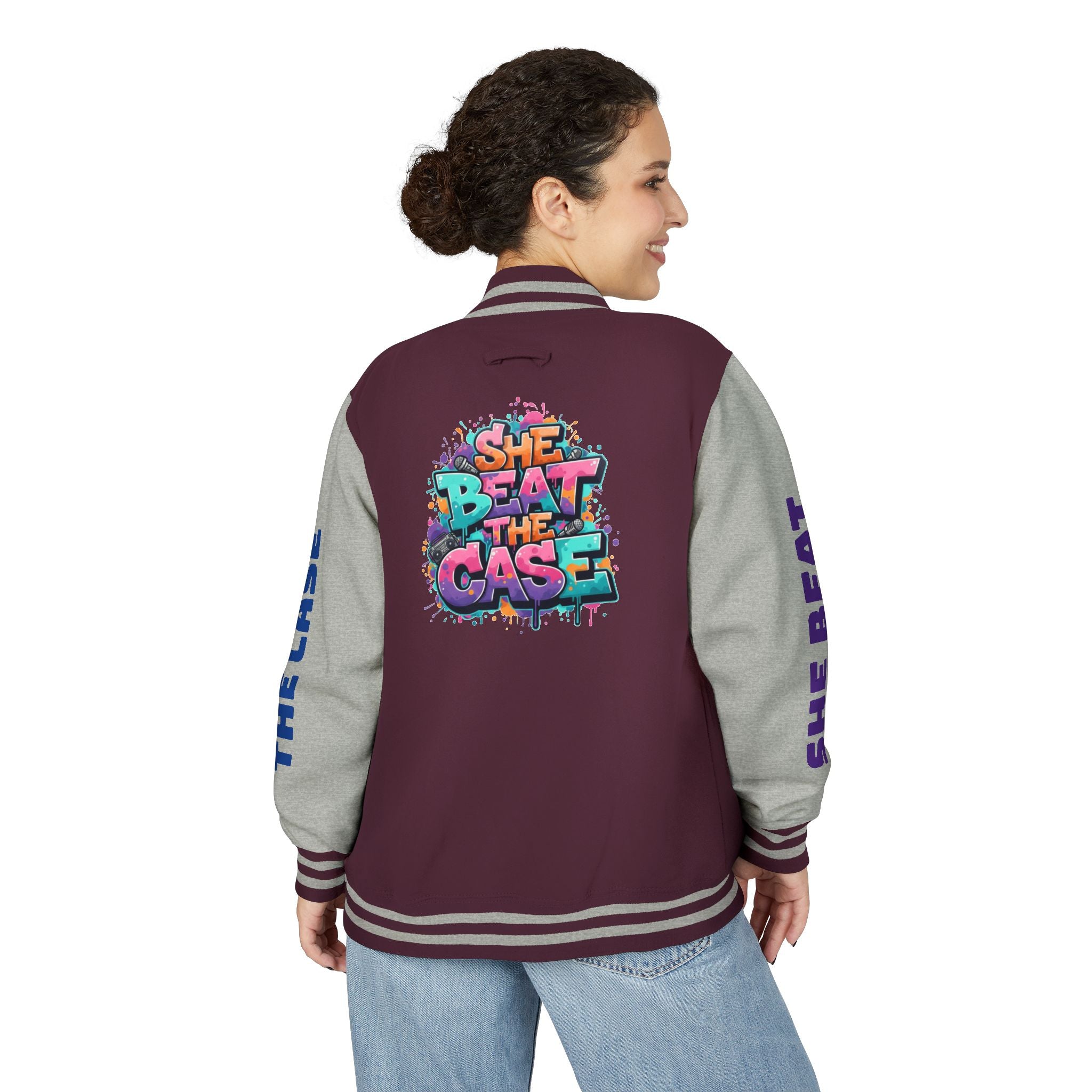 Letterman Jacket — “She Beat the Case” Colorful Graffiti Backprint
