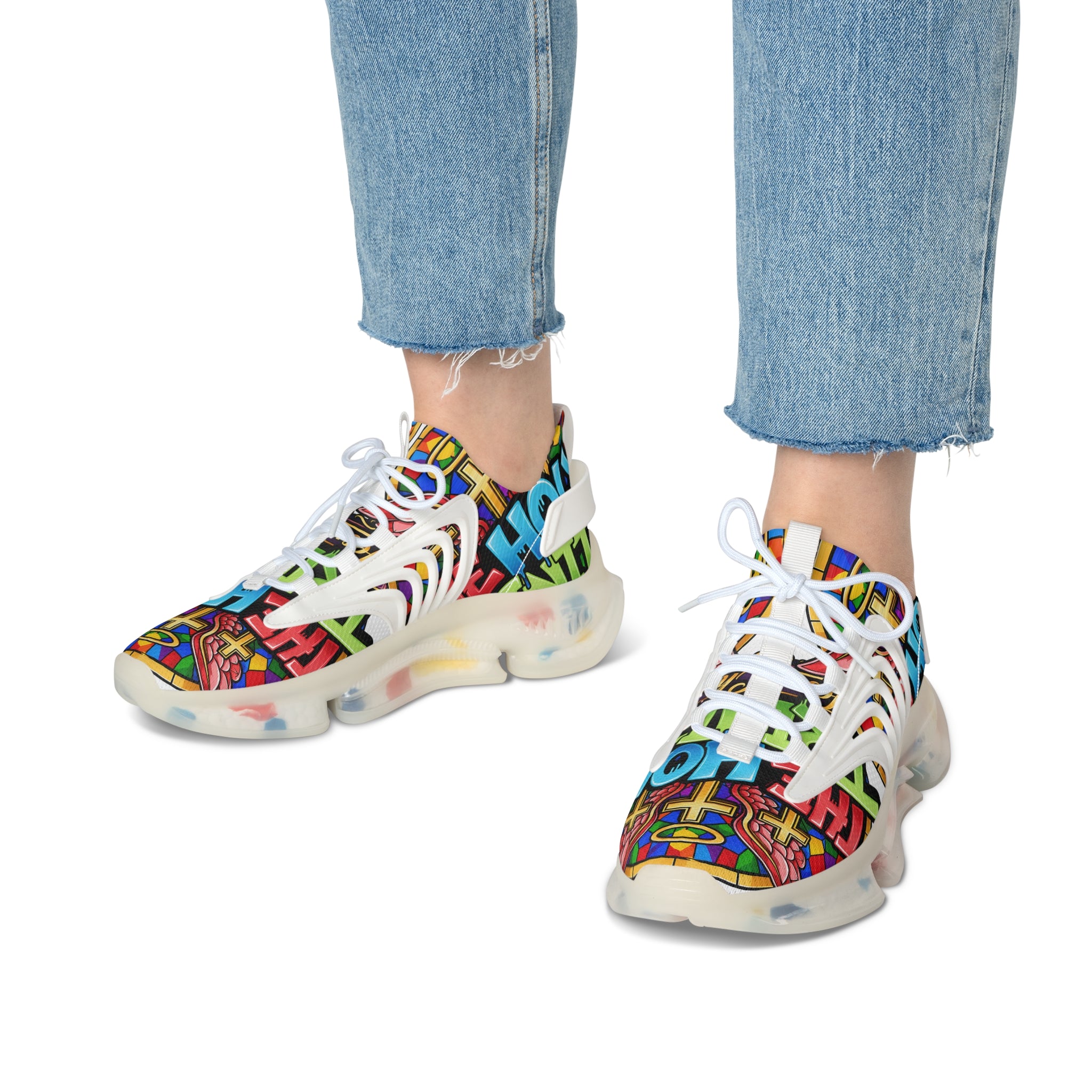 Men's Mesh Sneakers — " Holy Trinity "Colorful Graffiti Cross Design Athletic Shoes