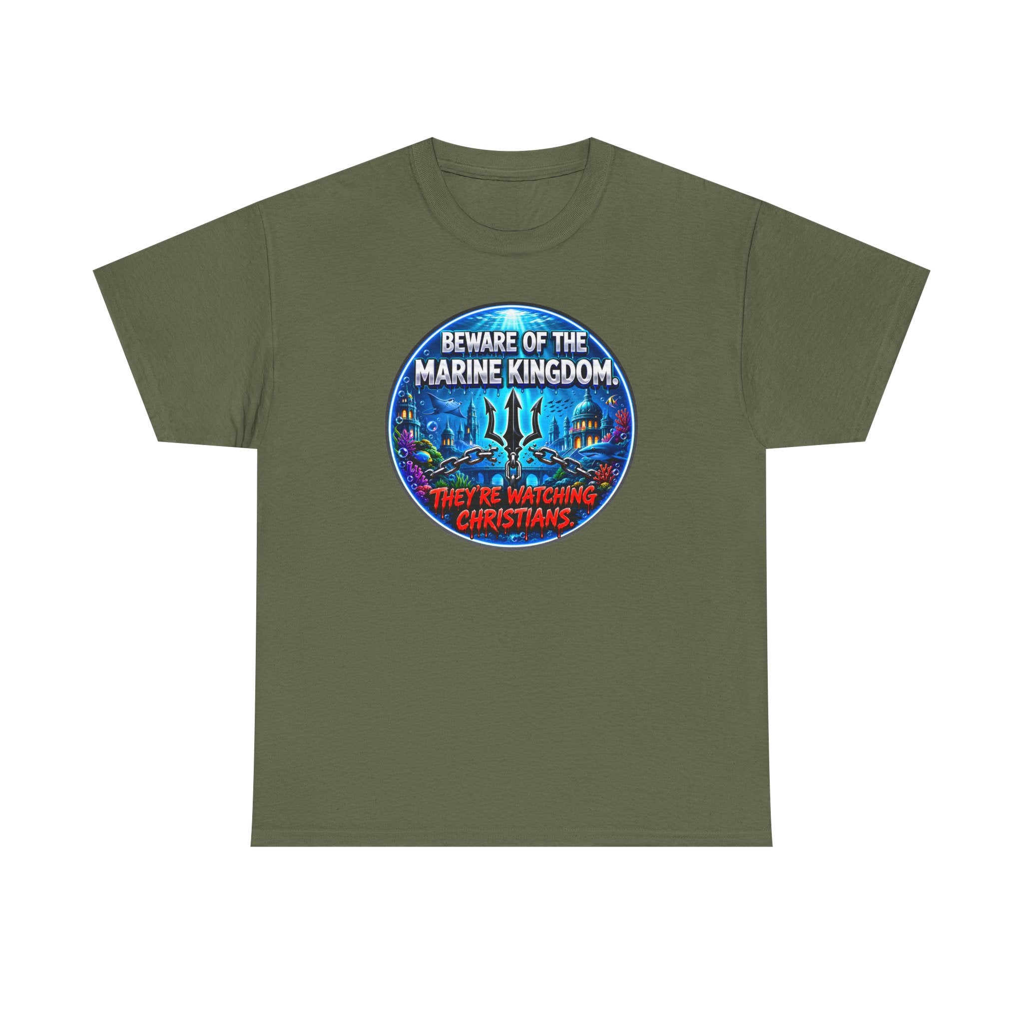 T‑Shirt — "Beware of the Marine Kingdom: They're Watching Christians" Vintage Ocean Graphic