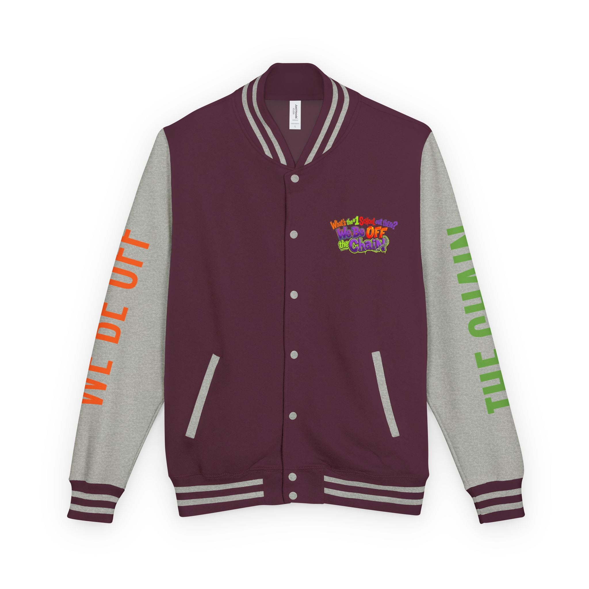 Retro Colorblock Letterman Jacket — 'We Be Off The Chain' Sleeve Print
