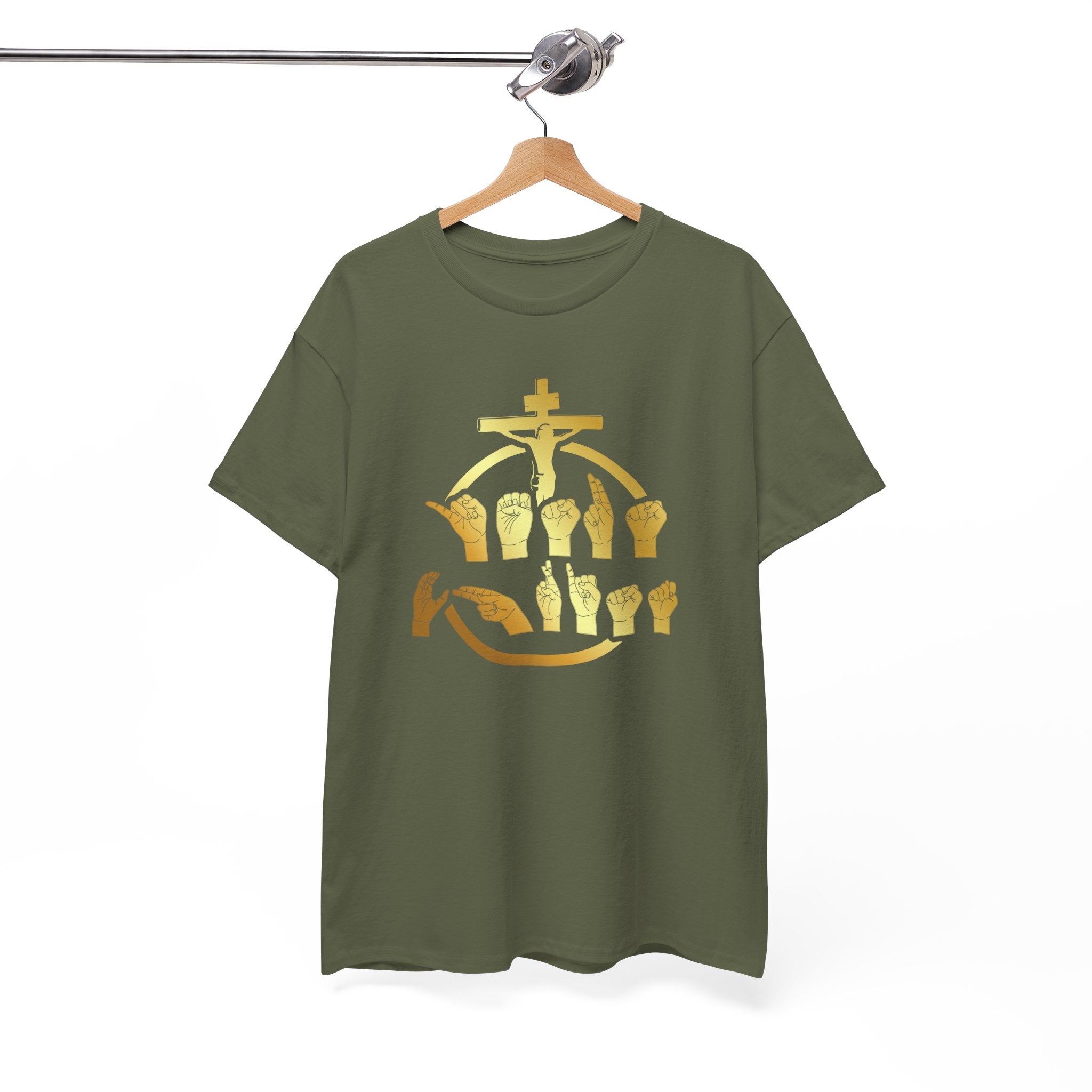 Christian Cross & Praying Hands T-Shirt — Gold Faith Design