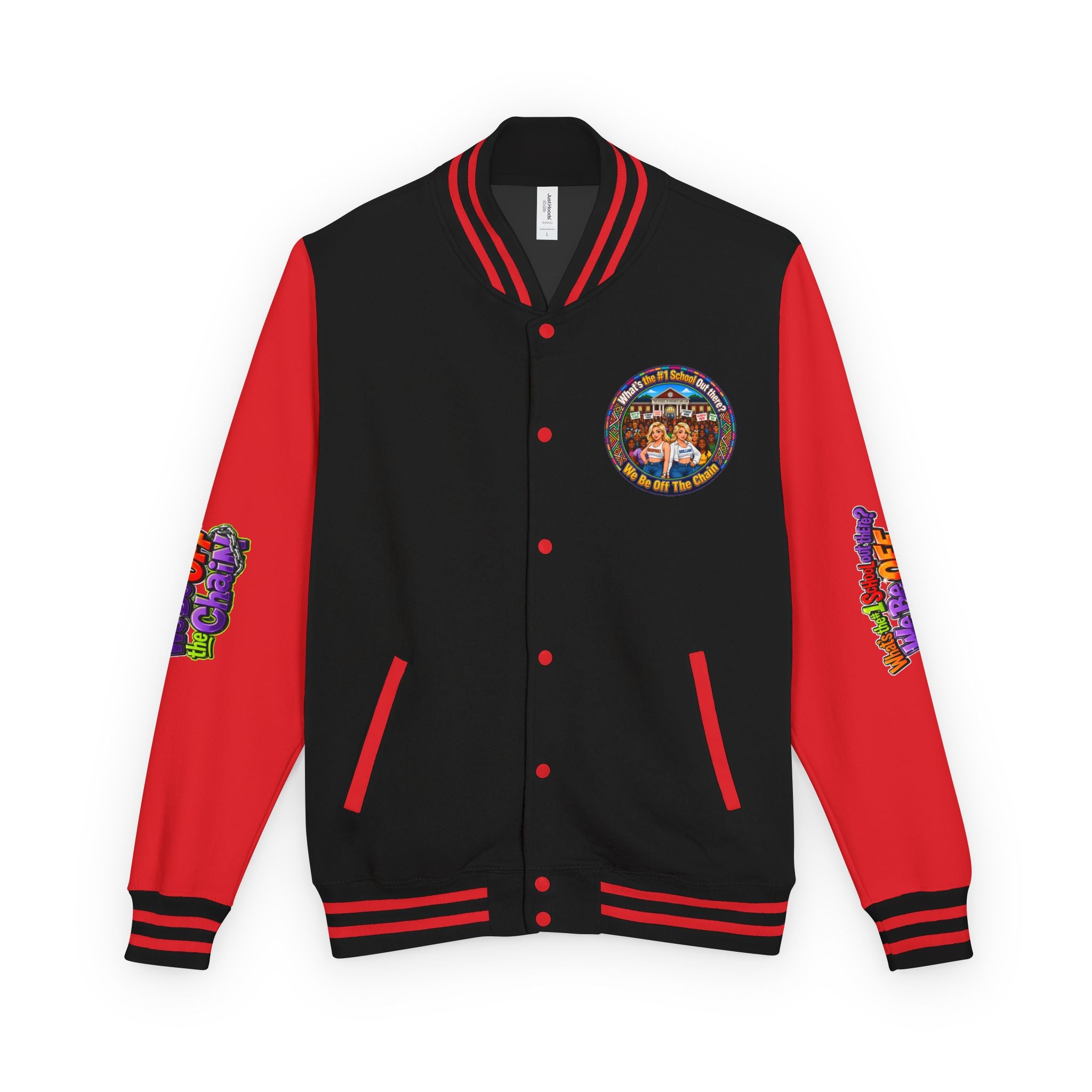 Letterman Jacket — Colorful School Spirit "We Be Off The Chain" Varsity Jacket