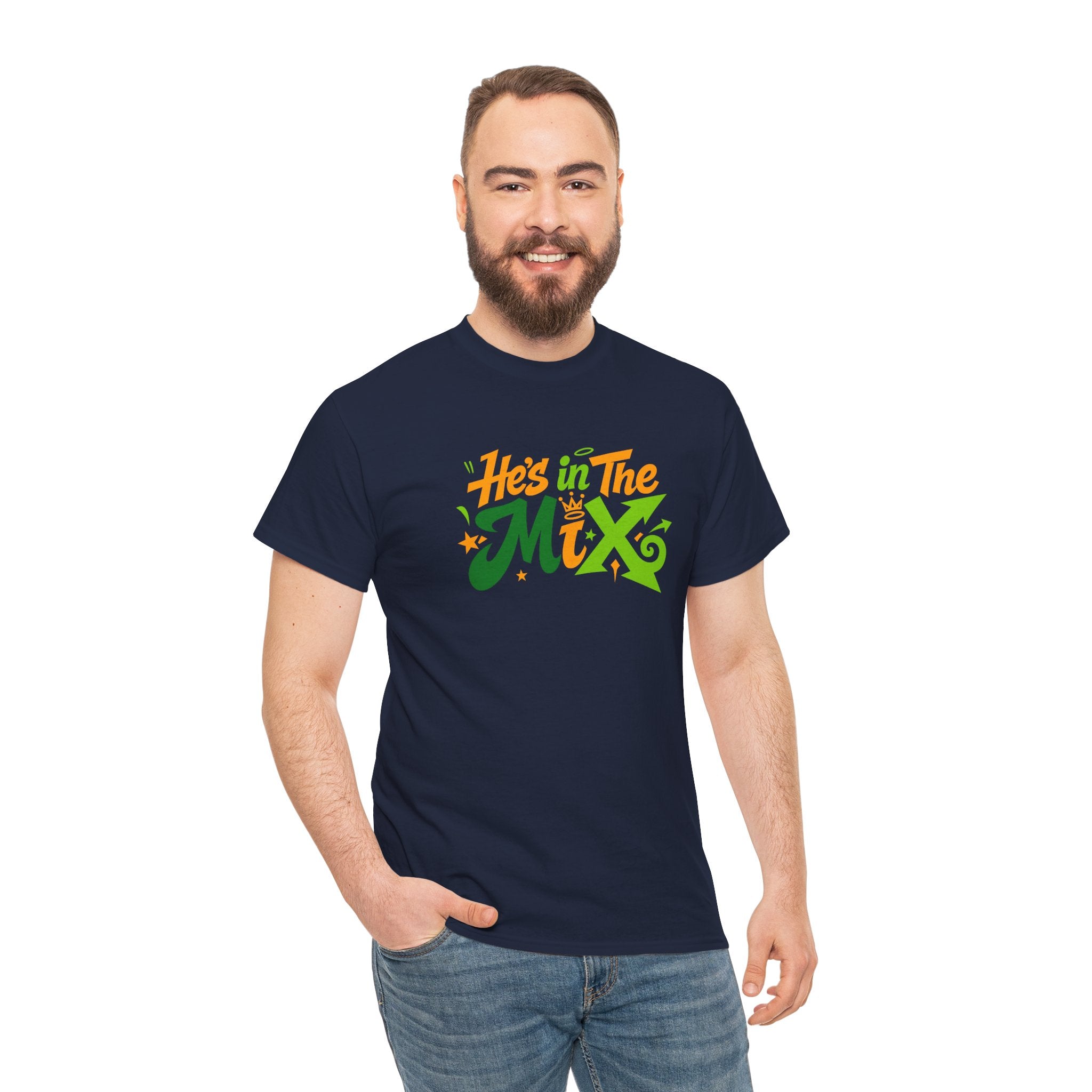 "He's in the Mix" T-Shirt — Retro Green & Orange DJ/Music Tee