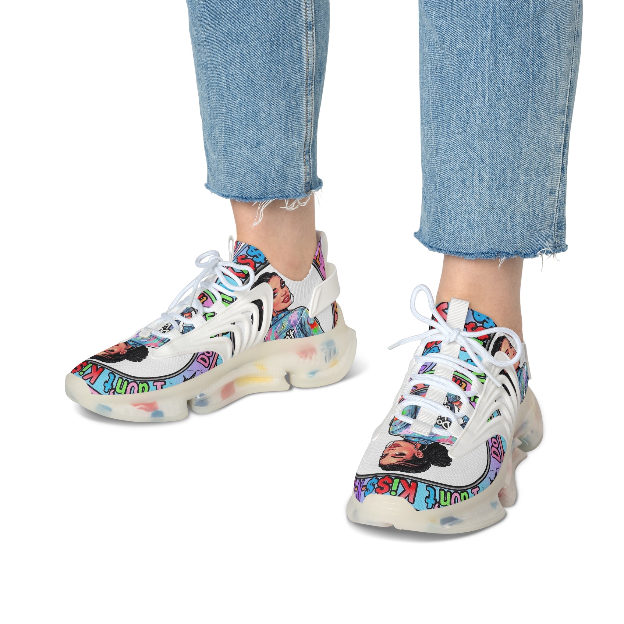 Women’s Mesh Sneakers — " I Don't kiss-N Tell"Colorful Retro Pop Art Design
