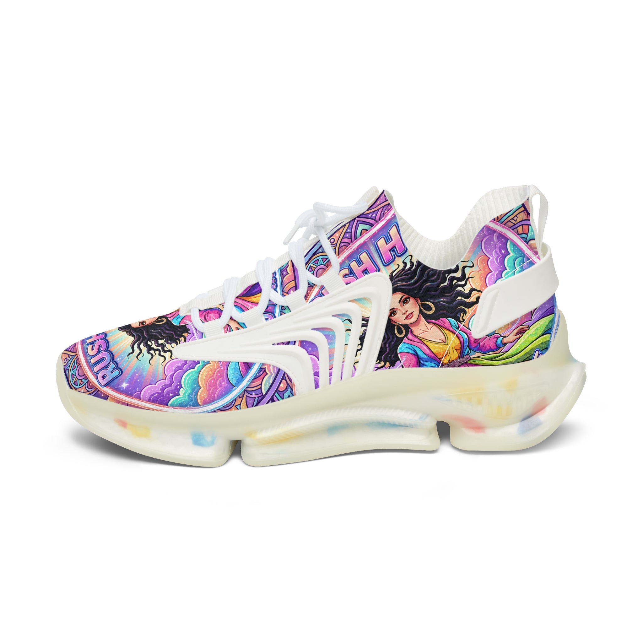 Mesh Sneakers — "Rush Hour "Vibrant Boho Goddess Graphic Women’s Athletic Shoes