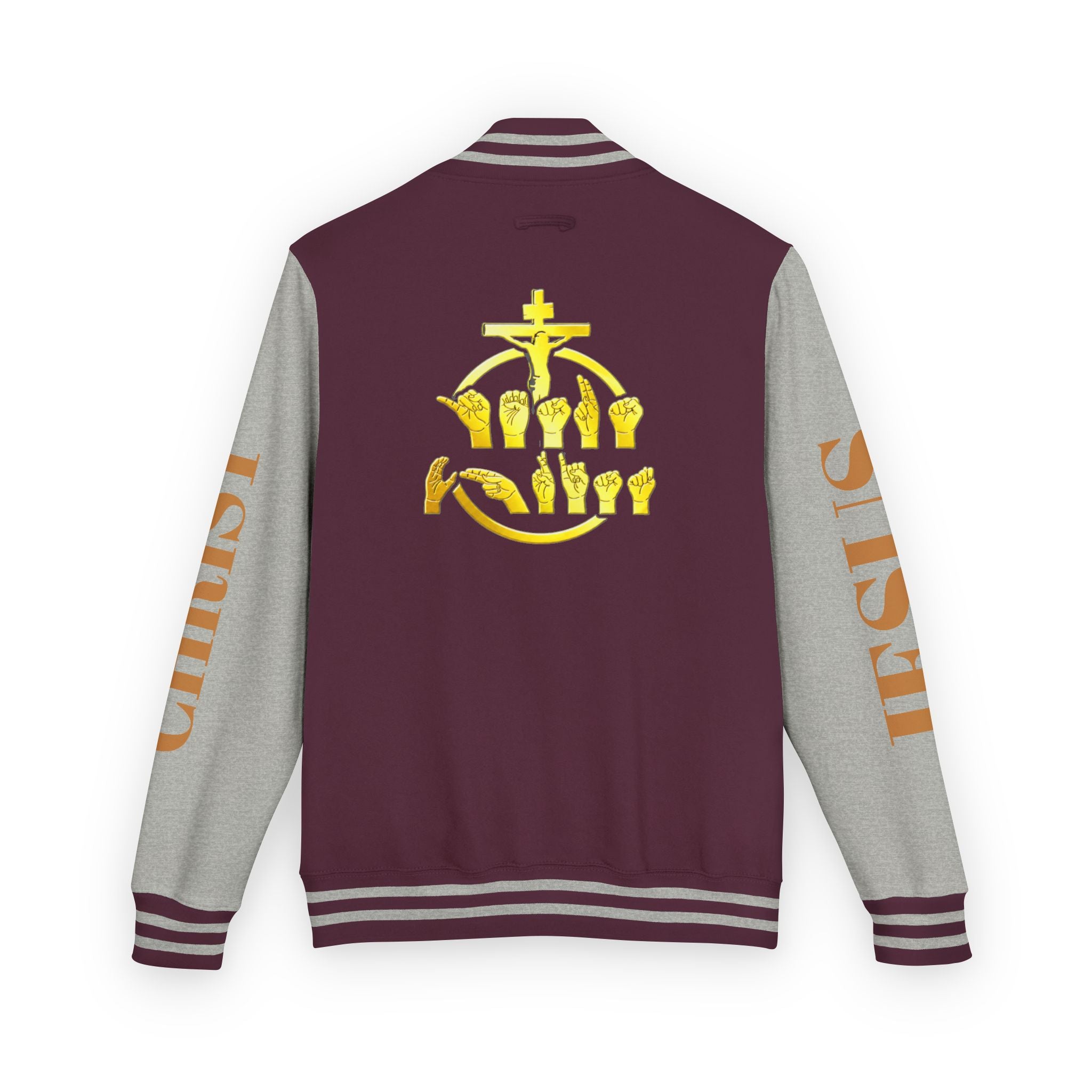 "Sign language Jesus Christ "     Christian Crown Letterman Jacket - 'Jesus Christ' Sleeve Varsity Jacket