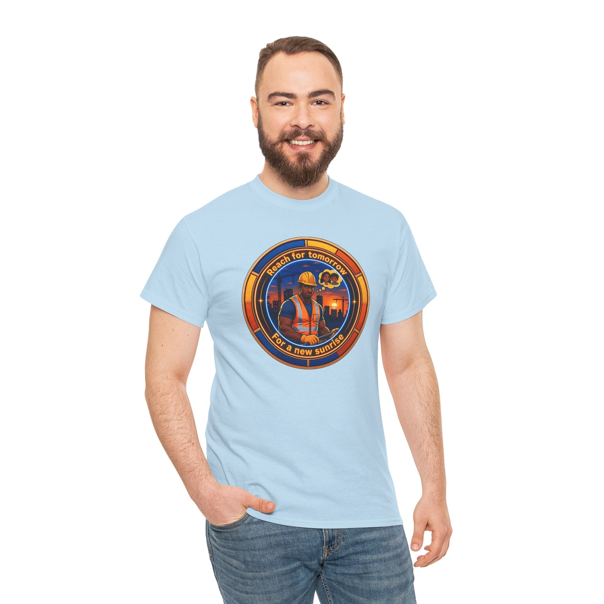 Construction Worker Sunset Tee — “Reach for Tomorrow ” Safety Crew T-Shirt