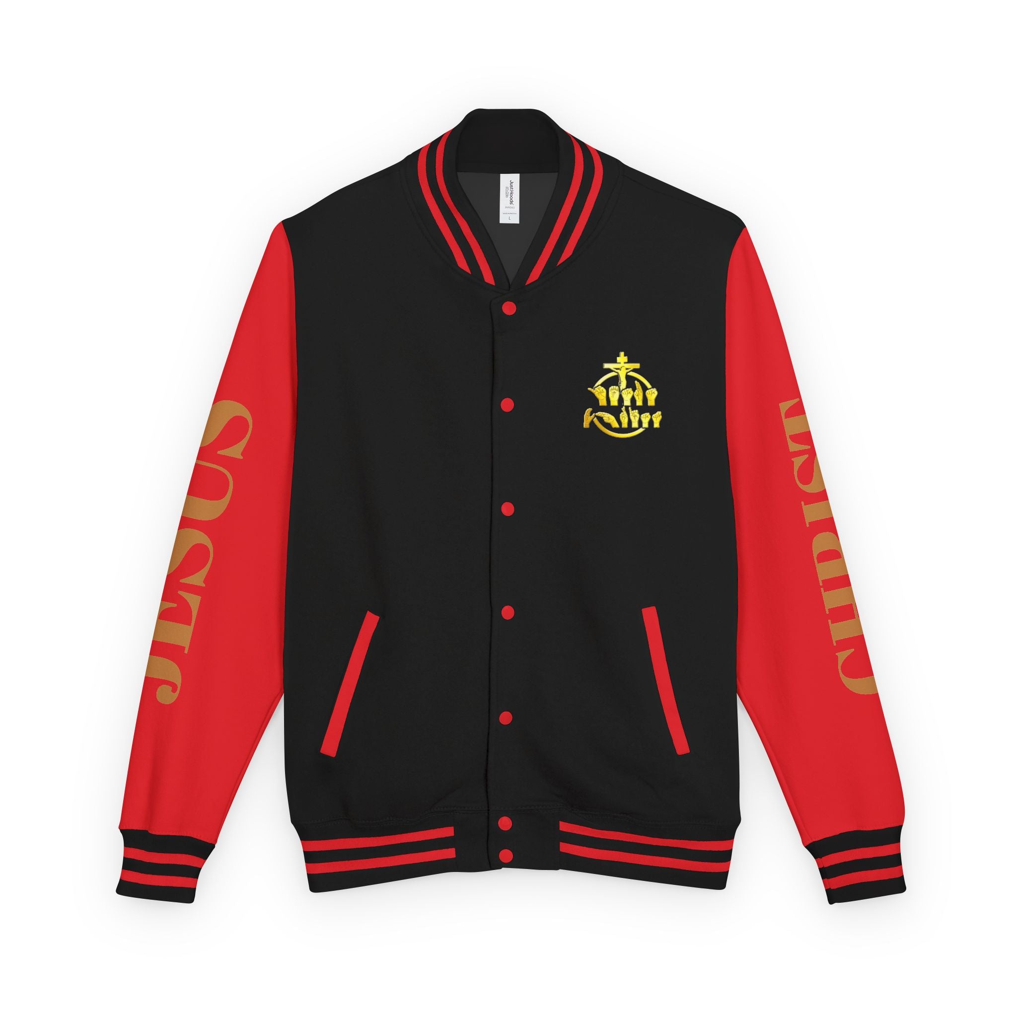 "Sign language Jesus Christ "     Christian Crown Letterman Jacket - 'Jesus Christ' Sleeve Varsity Jacket