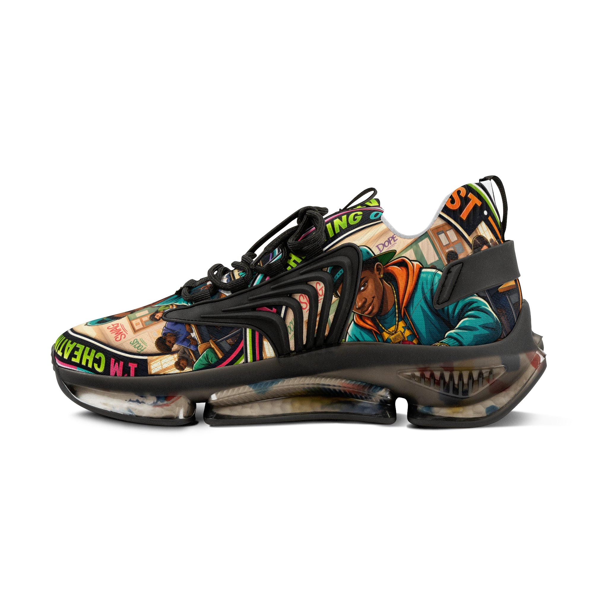 Men's Mesh Sneakers — Colorful Urban Art Graphic Trainers with 'Im Cheating On My Test' Design