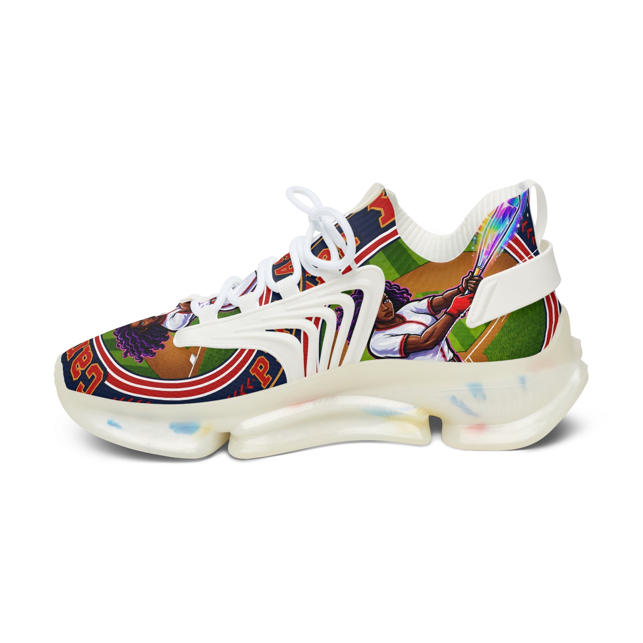 Women's Mesh Sneakers — " Can You Play Baseball "Vibrant Afrocentric Athletic Shoes with 'I Can You' Graphic