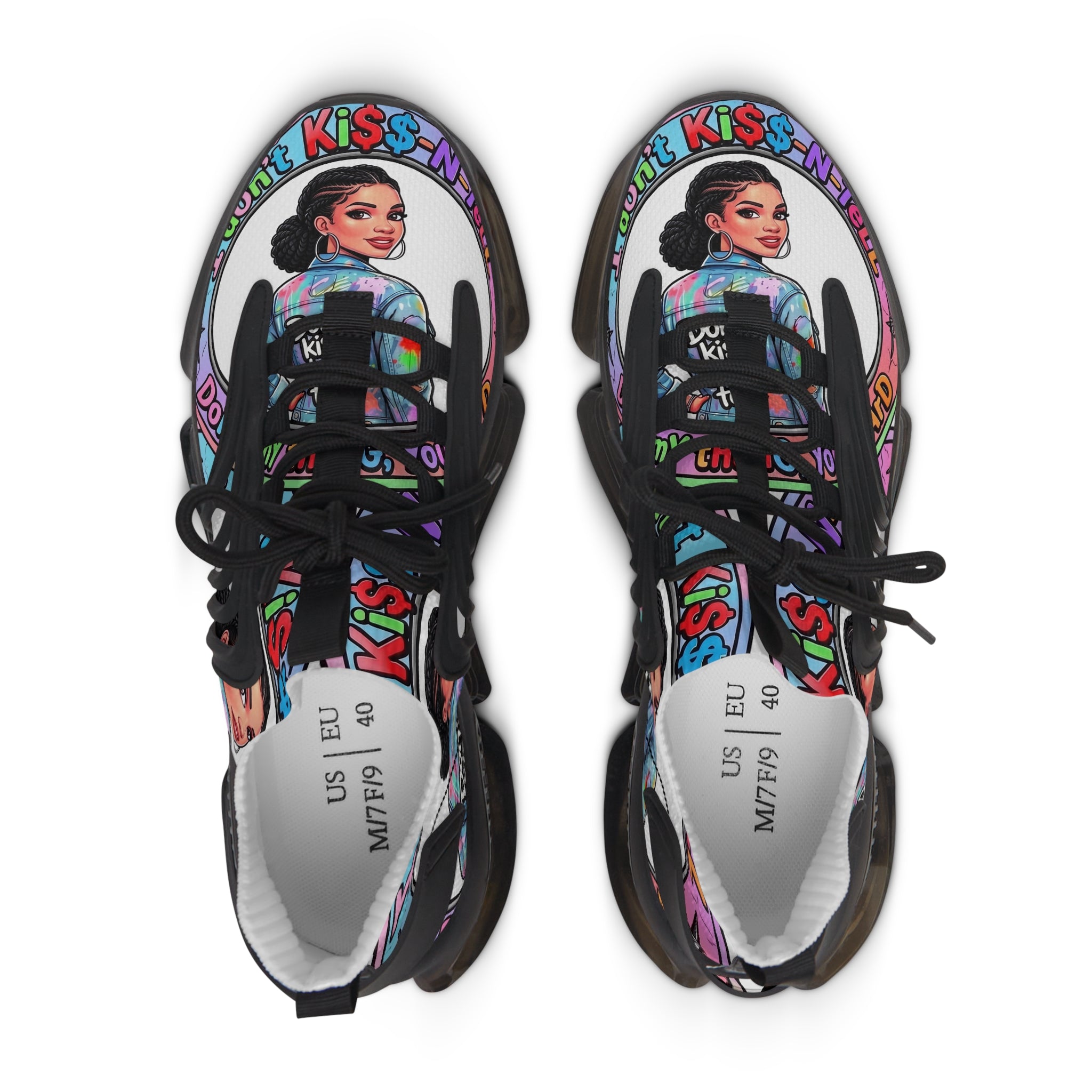 Women’s Mesh Sneakers — " I Don't kiss-N Tell"Colorful Retro Pop Art Design