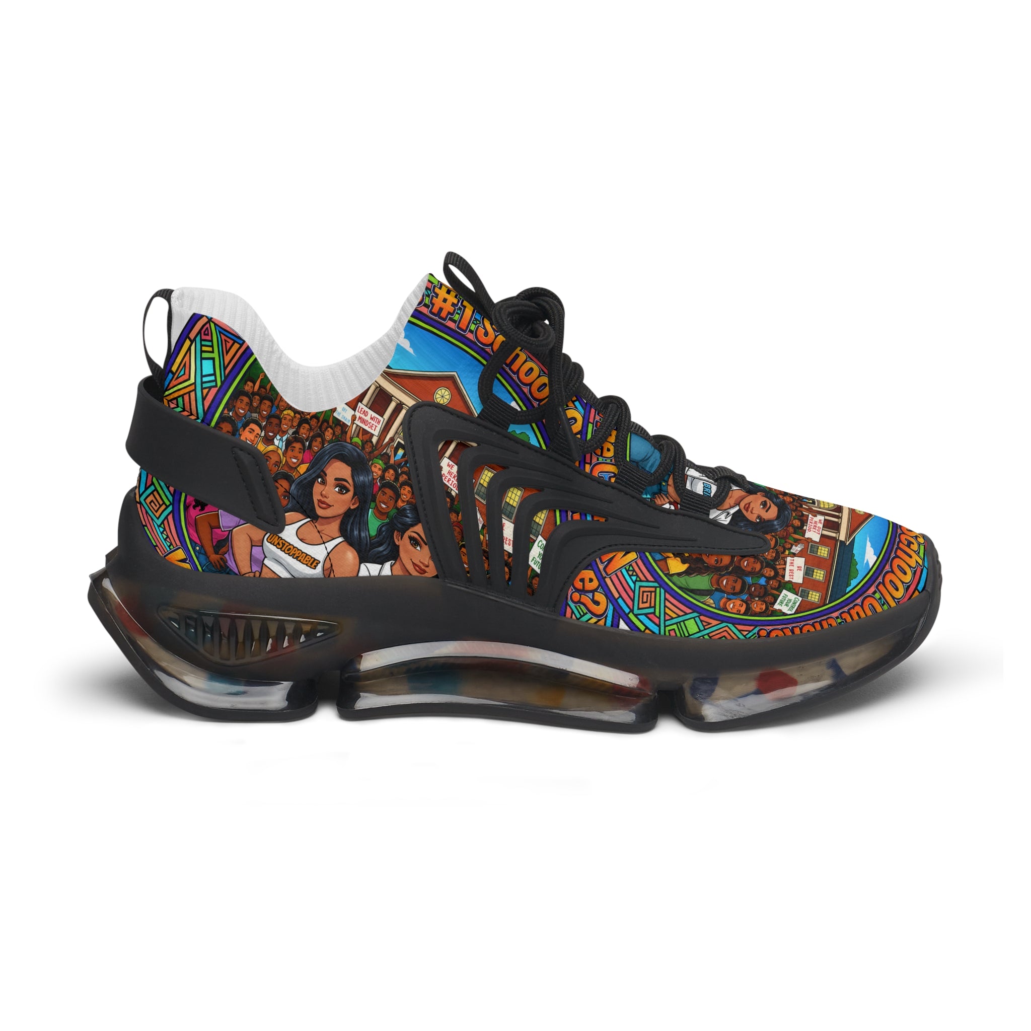 Mesh Sneakers — " What's The #1 School Out There " Colorful Retro School Girl Graphic Athletic Shoes