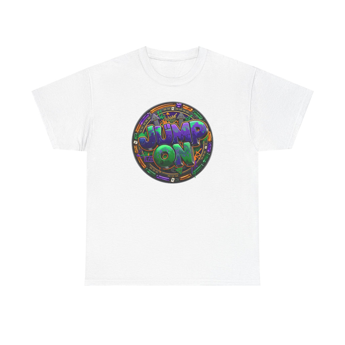 " Jump On" Circle Graphic Tee — Retro Neon Streetwear T-Shirt