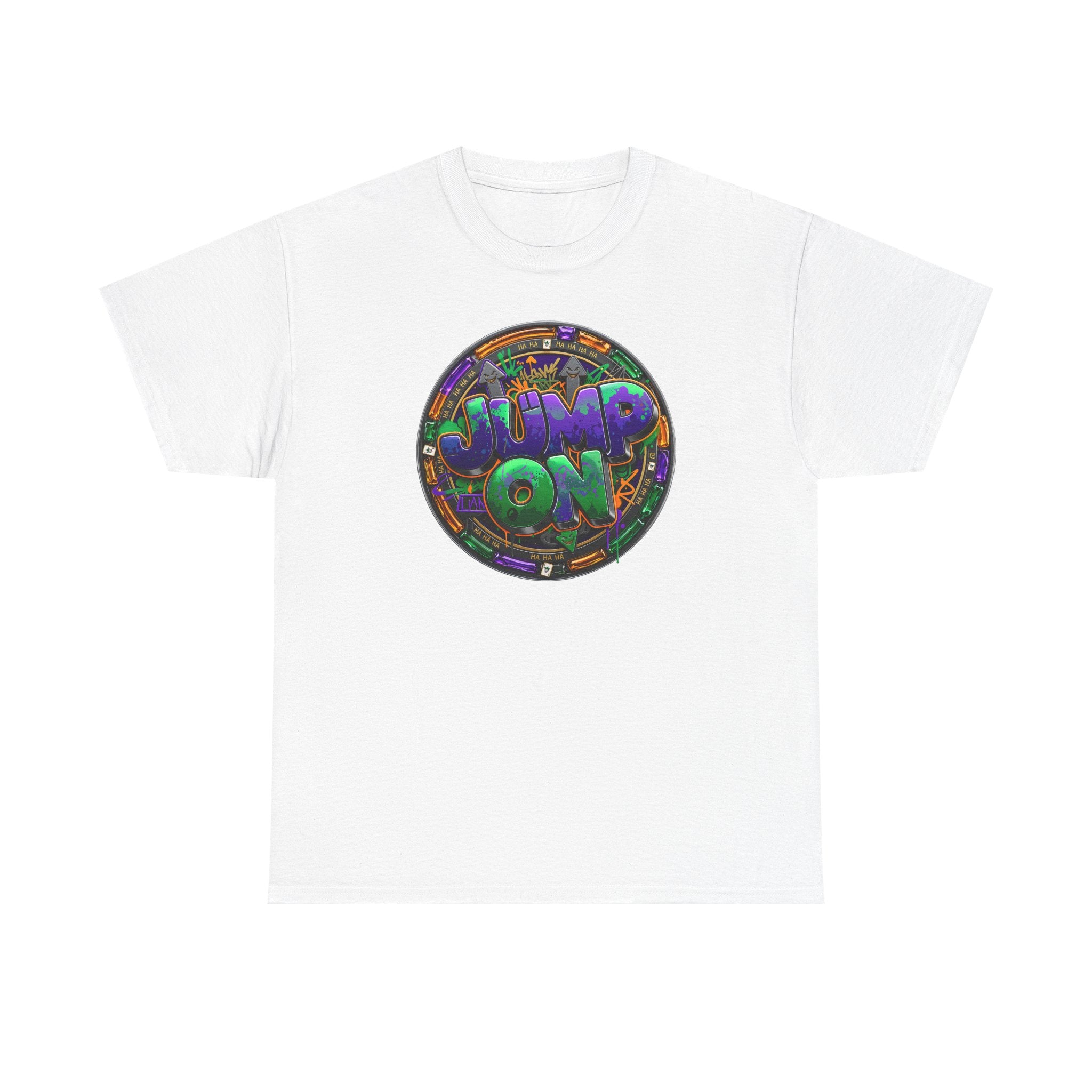 " Jump On" Circle Graphic Tee — Retro Neon Streetwear T-Shirt