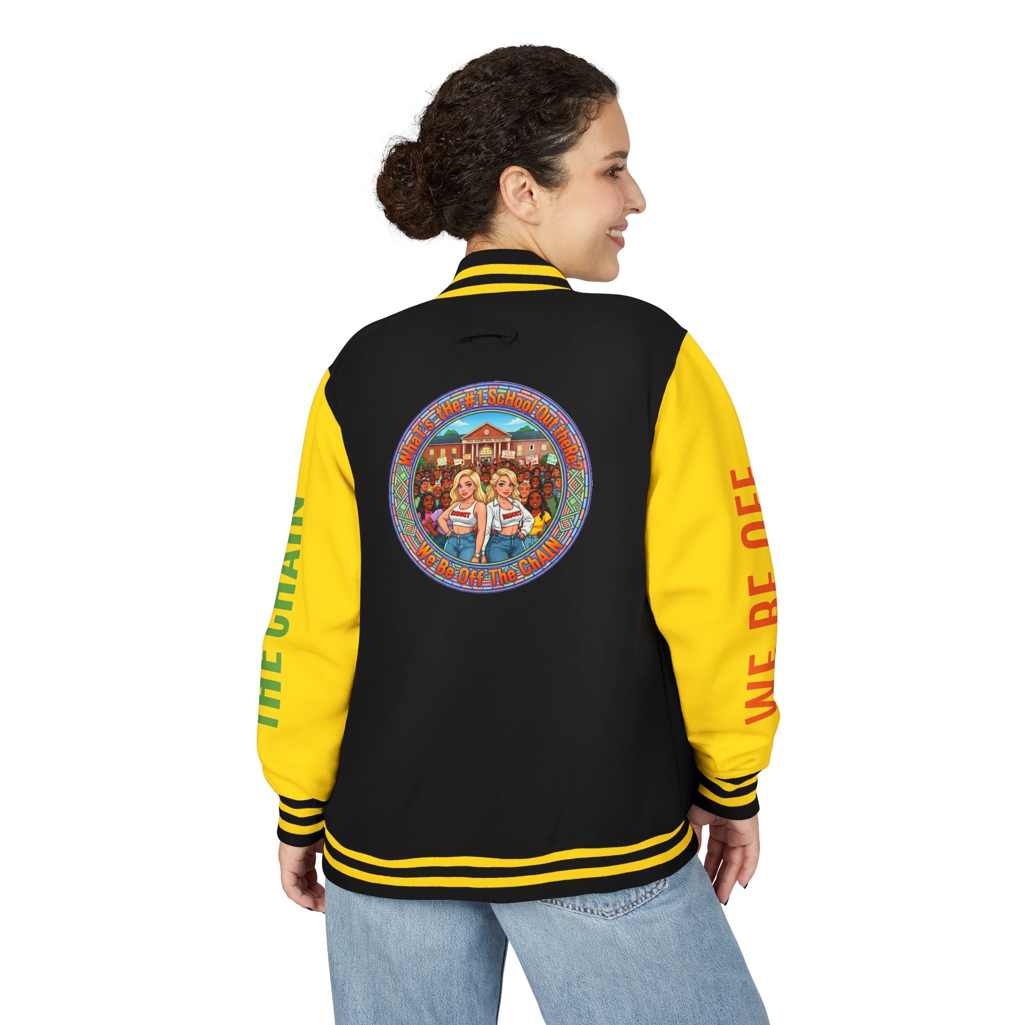 Retro Colorblock Letterman Jacket — 'We Be Off The Chain' Sleeve Print
