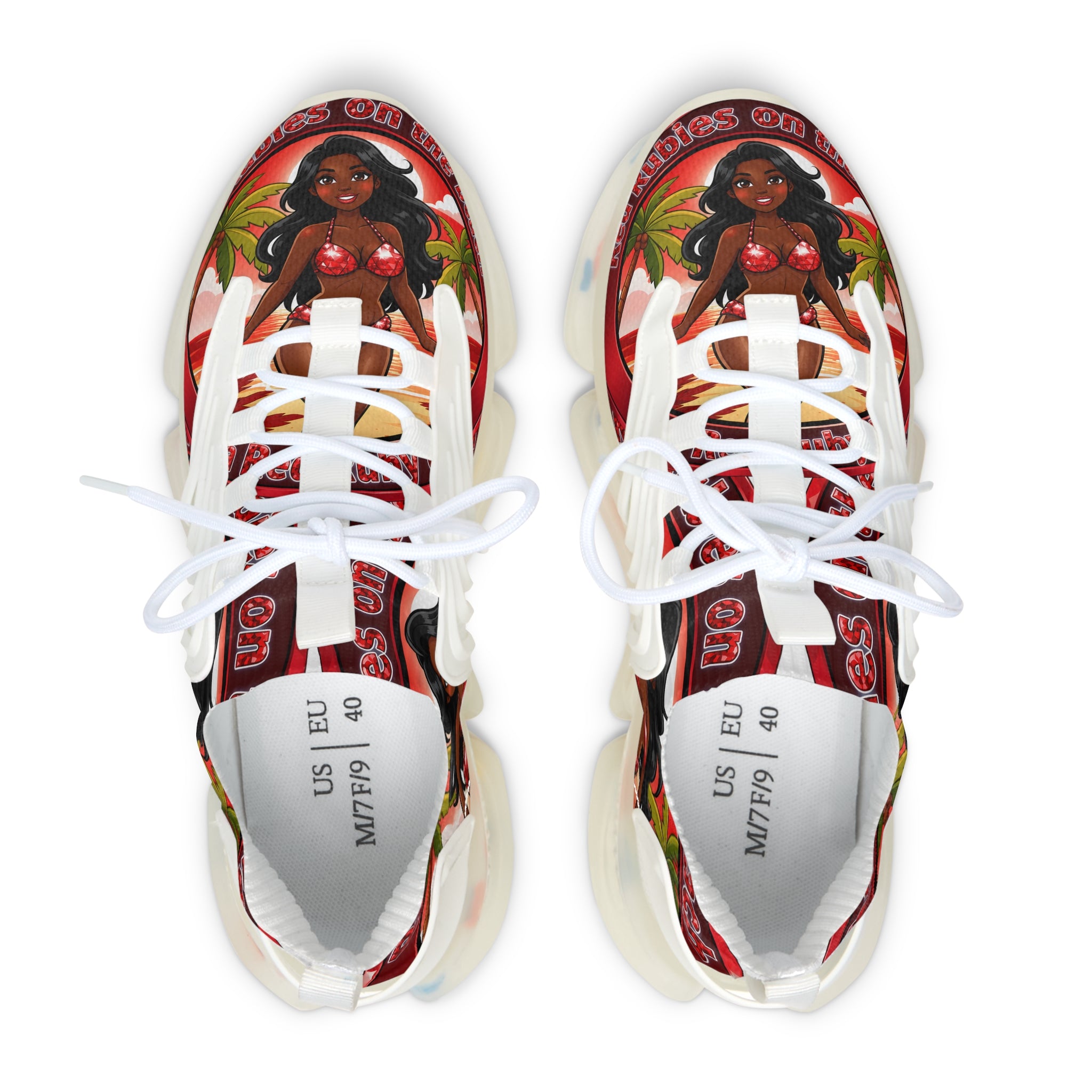 Women’s Mesh Sneakers —"Red Rubies On The Beach" Tropical Pinup Graphic Athletic Shoes