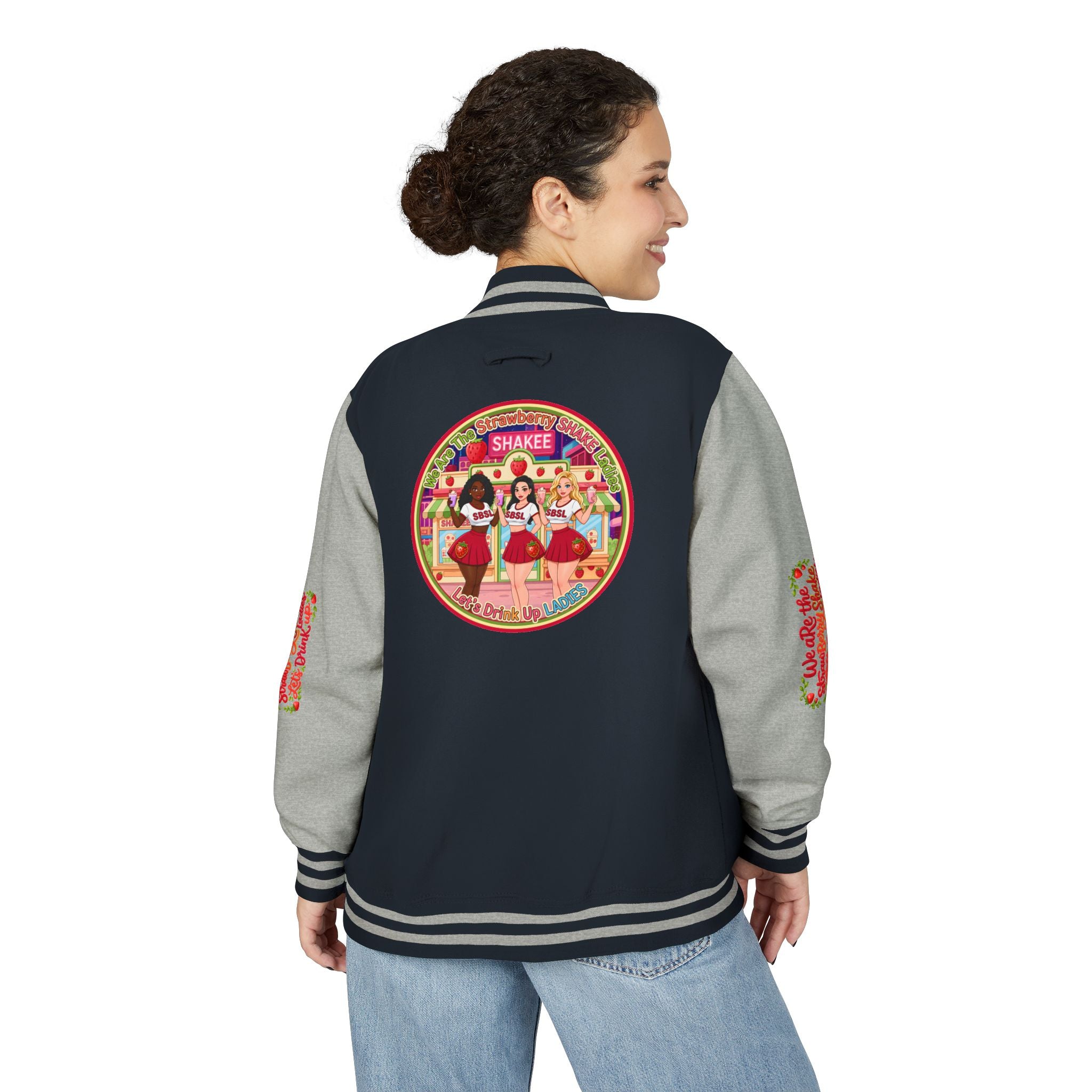 Letterman Jacket — " We Are The Strawberry Shake Ladies " Retro 'Shakee' Strawberry Girls Varsity Jacket