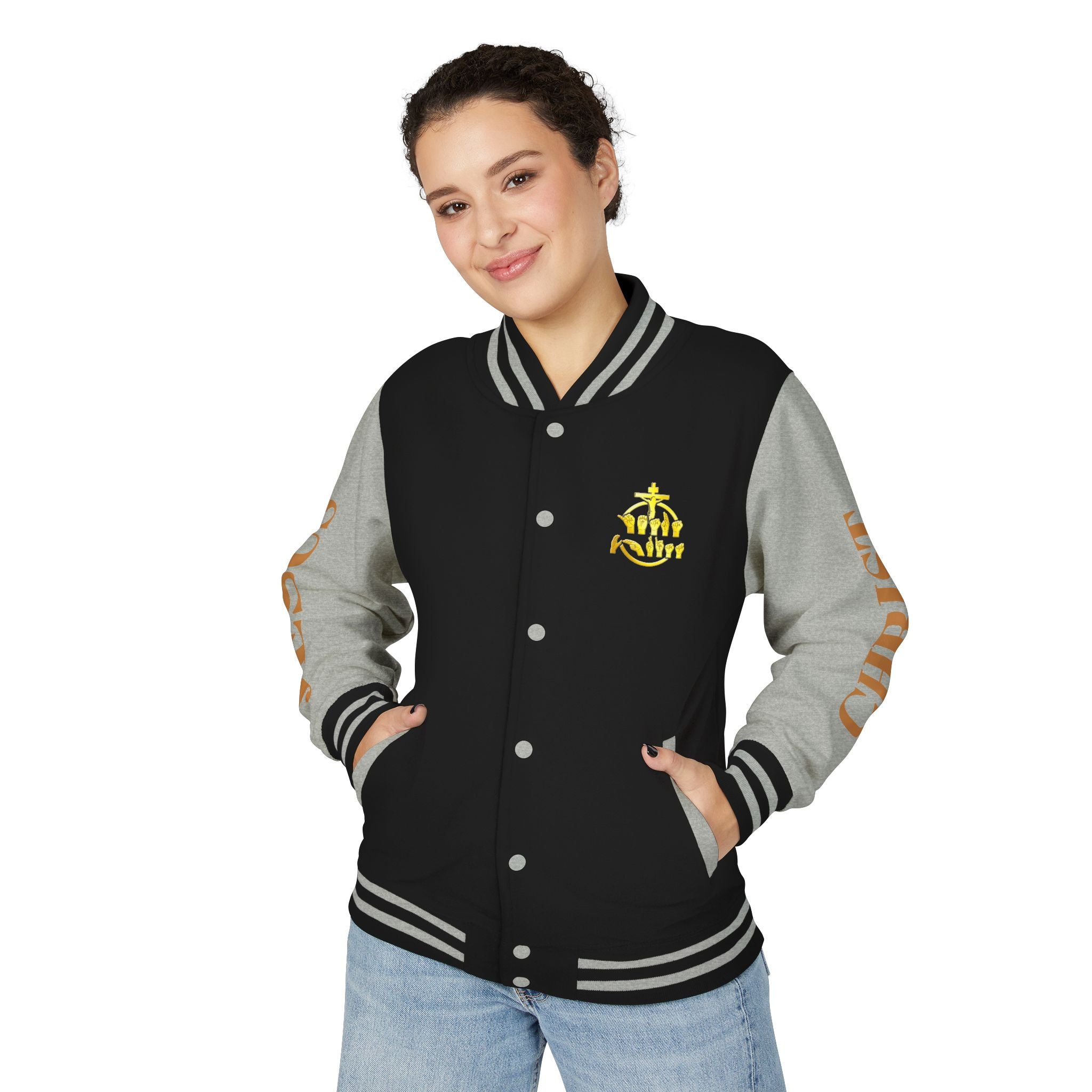 "Sign language Jesus Christ "     Christian Crown Letterman Jacket - 'Jesus Christ' Sleeve Varsity Jacket