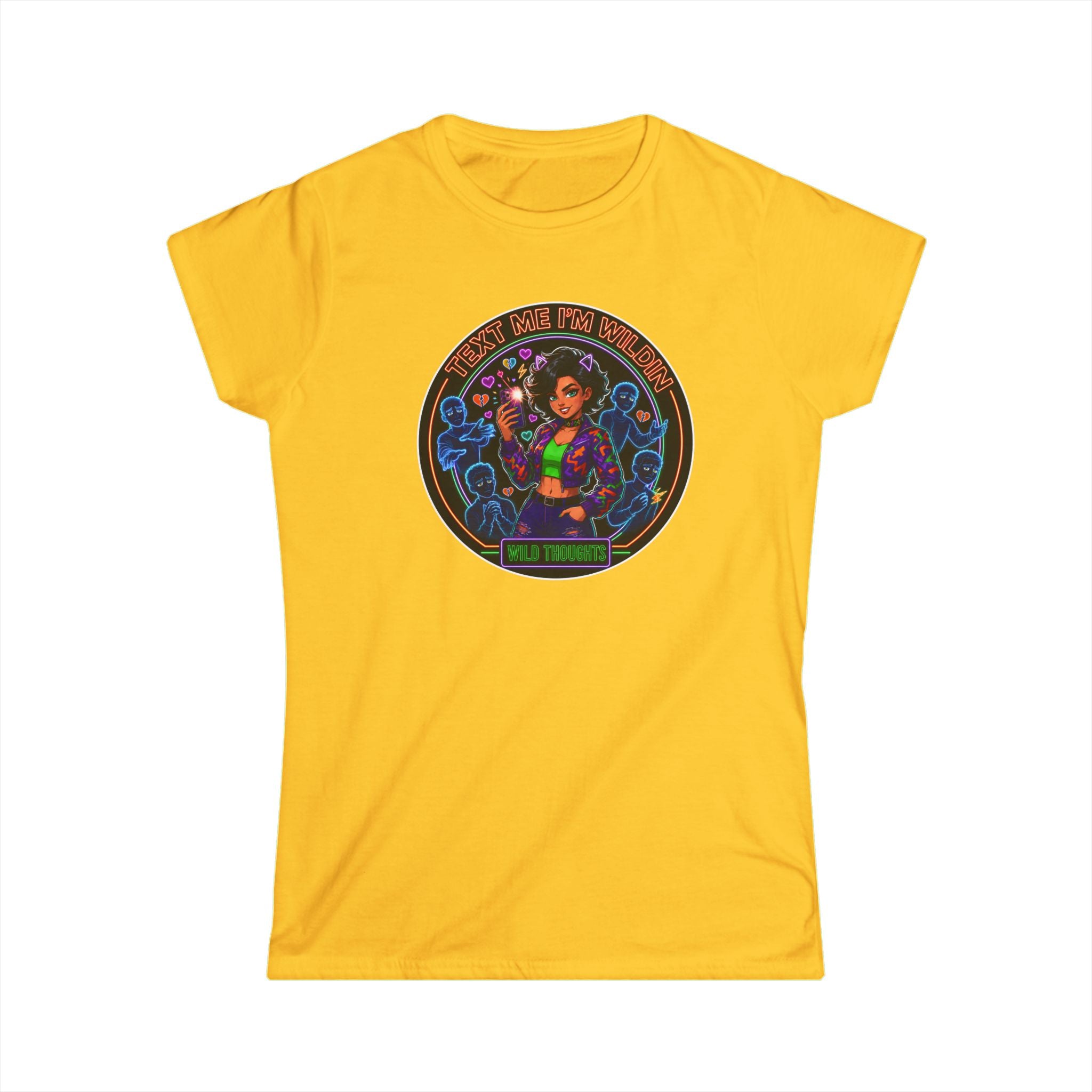 Women's Tee — "Text Me, I'm Wilding" Vibrant Cosmic Girl Graphic