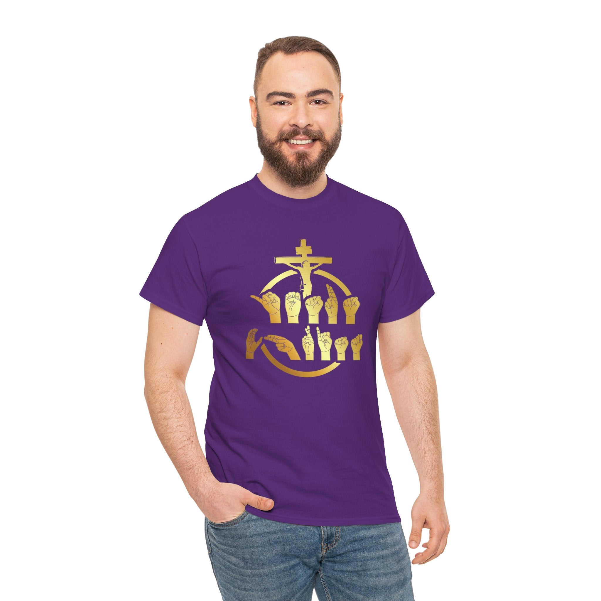 Christian Cross & Praying Hands T-Shirt — Gold Faith Design