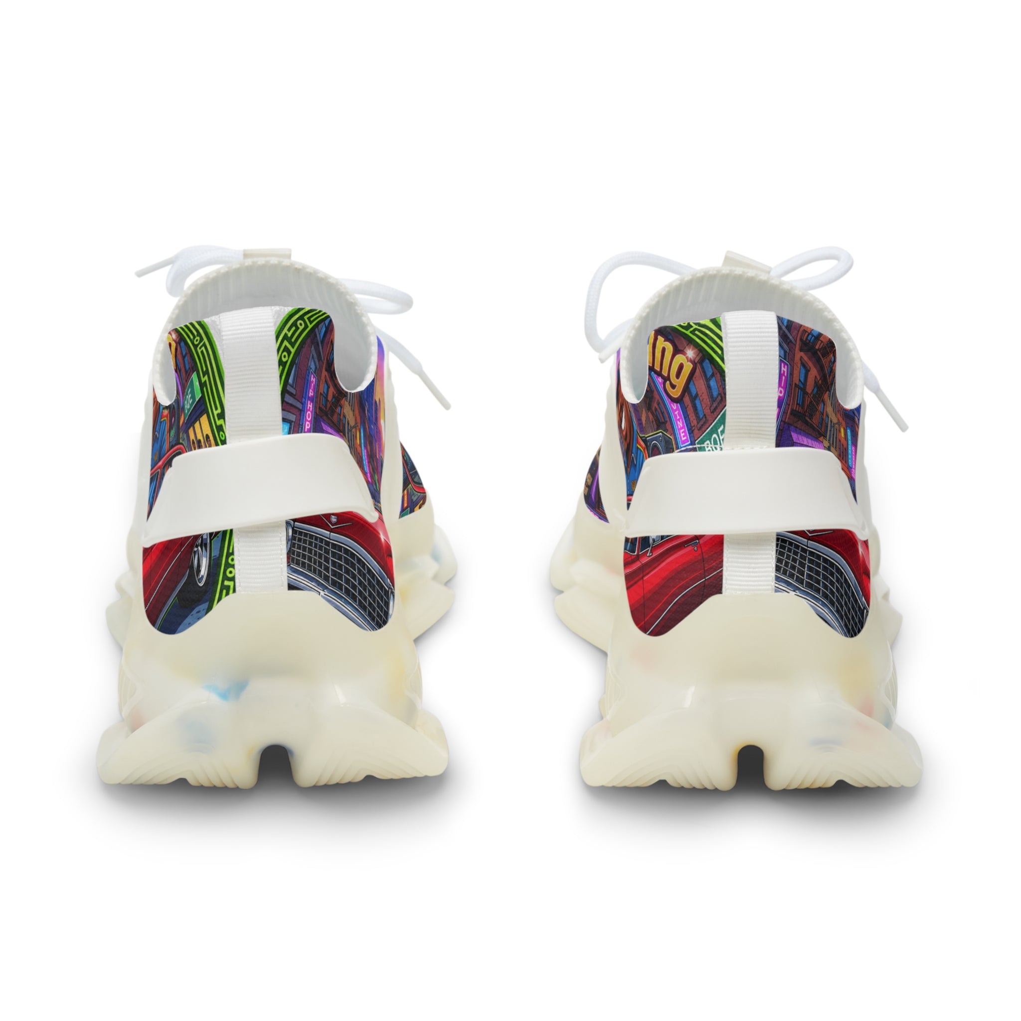 Custom Graphic Mesh Sneakers — "That Hip-hop From 92 Be Bumping" Colorful Cityscape Portrait Design