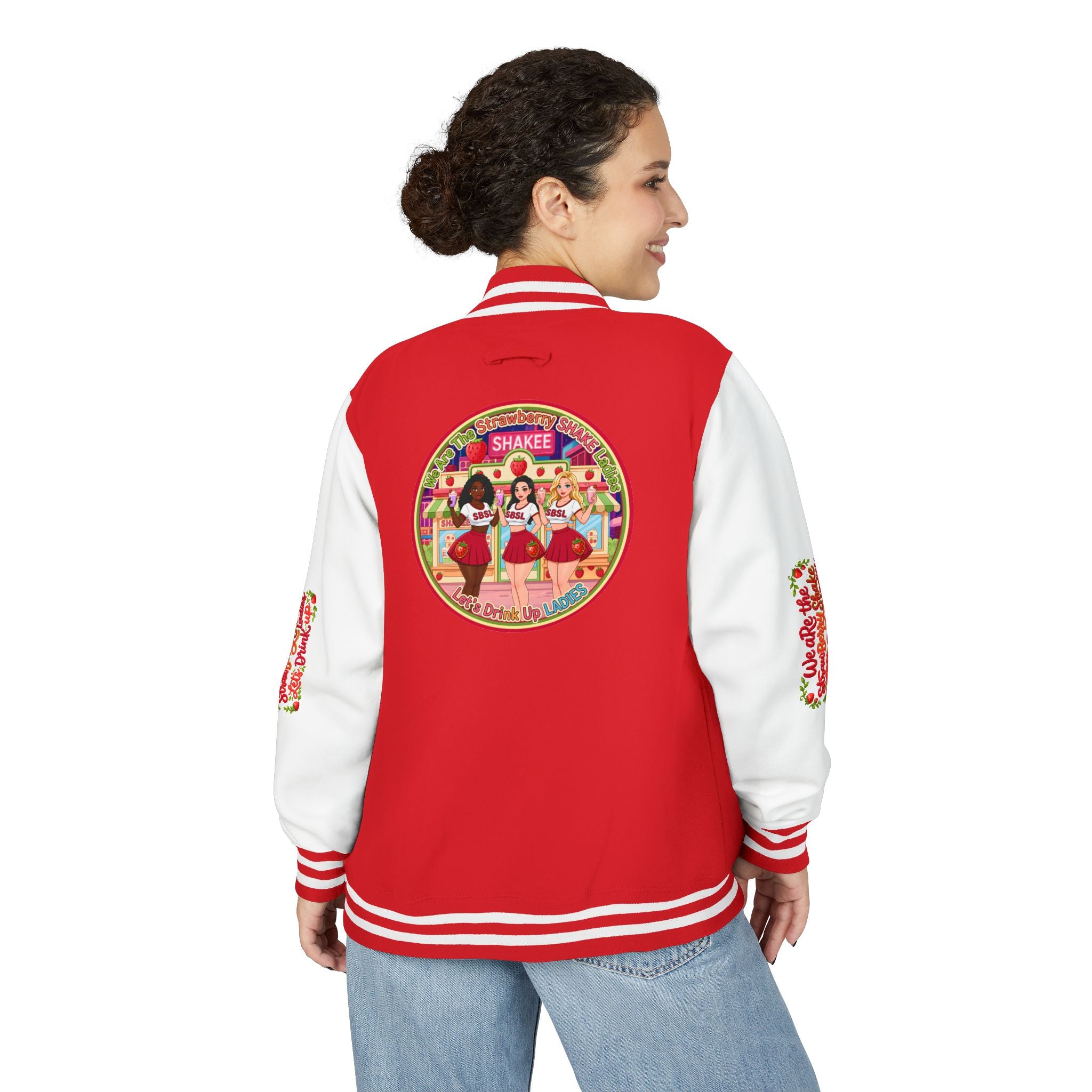 Letterman Jacket — " We Are The Strawberry Shake Ladies " Retro 'Shakee' Strawberry Girls Varsity Jacket