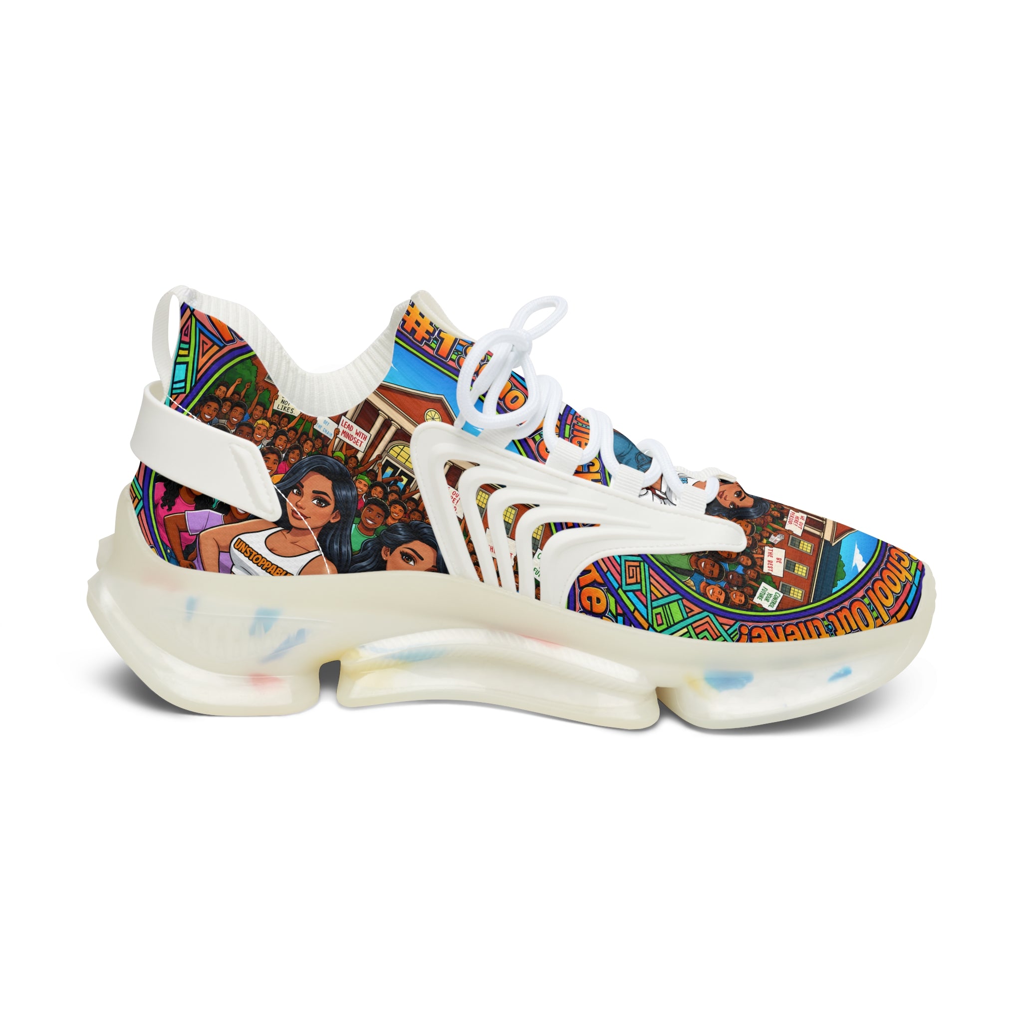 Mesh Sneakers — " What's The #1 School Out There " Colorful Retro School Girl Graphic Athletic Shoes