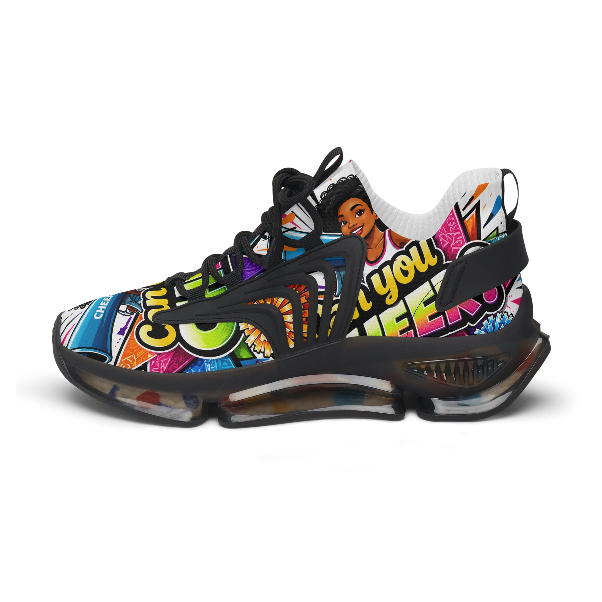 Women's Mesh Sneakers — Colorful Pop Art 'Can You Cheer?' Graphic Athletic Shoes